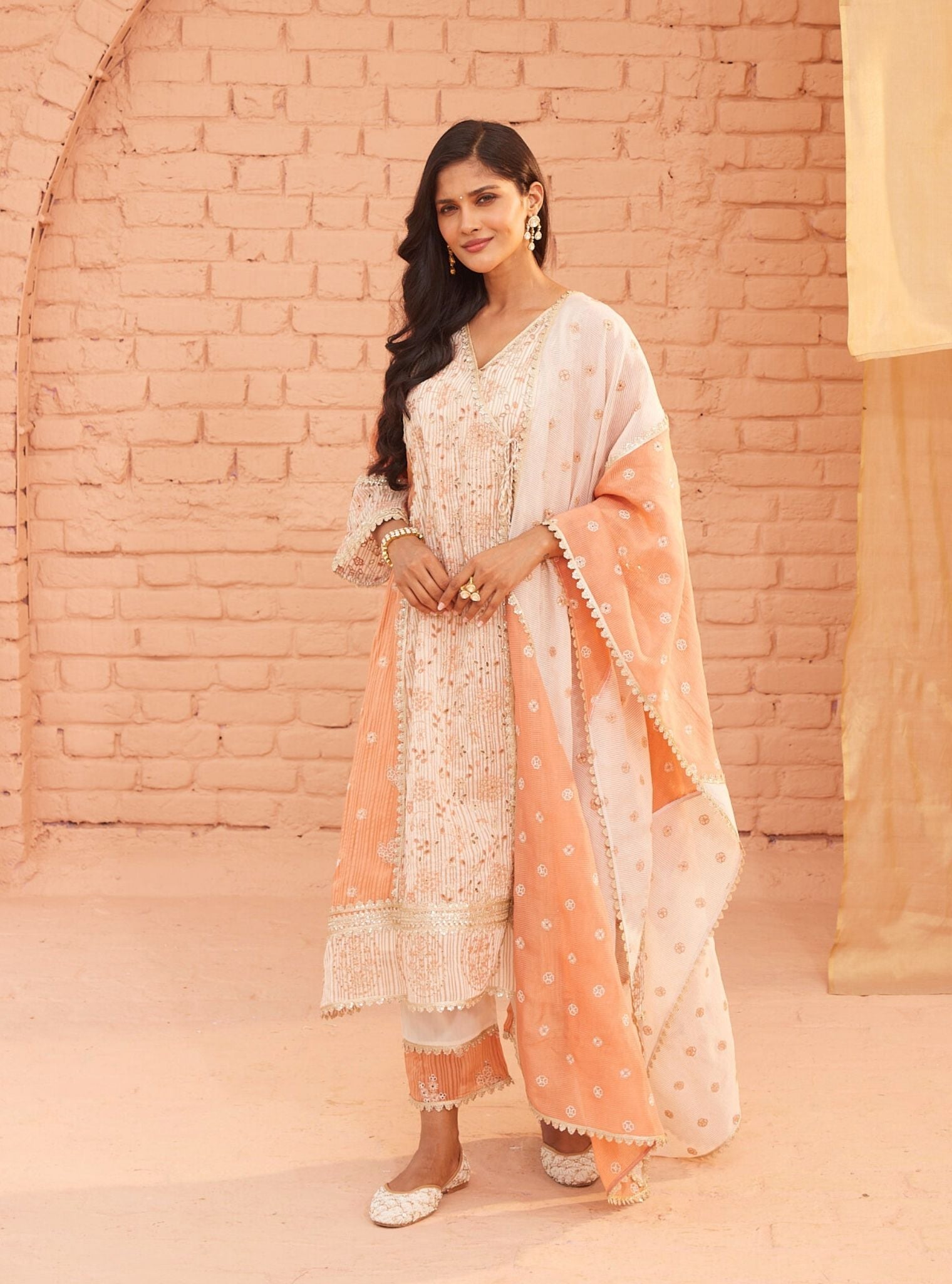 Mulmul Banarsi Vanessa Off White Anarkali Kurta With Mulmul Cotton Vanessa Off White Pant