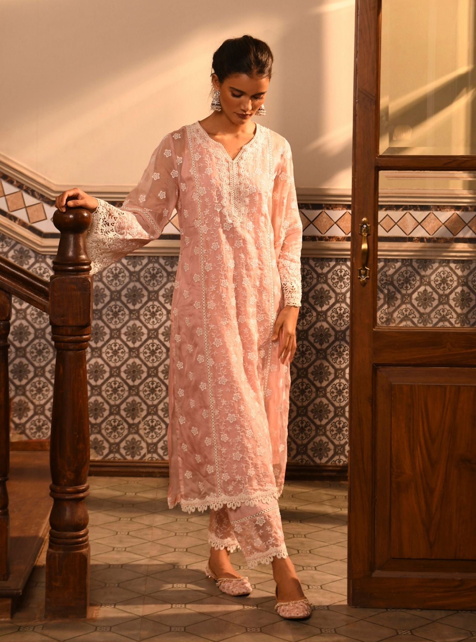 Mulmul Organza Freny Pink Kurta With Mulmul Cotton Freny Pink Pant