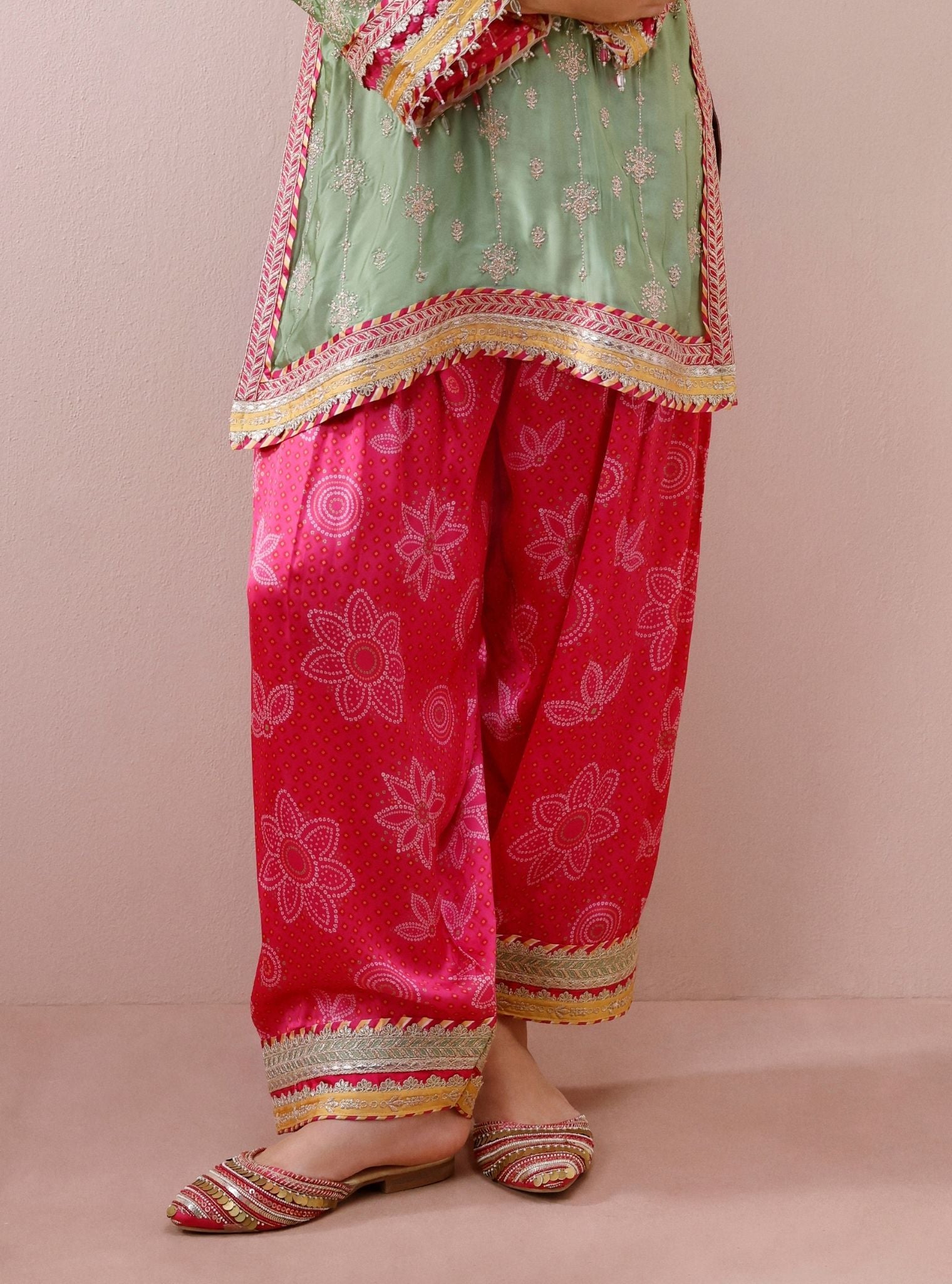Kiva Cupro Satin Pista Green Kurta with Farshi Salwar