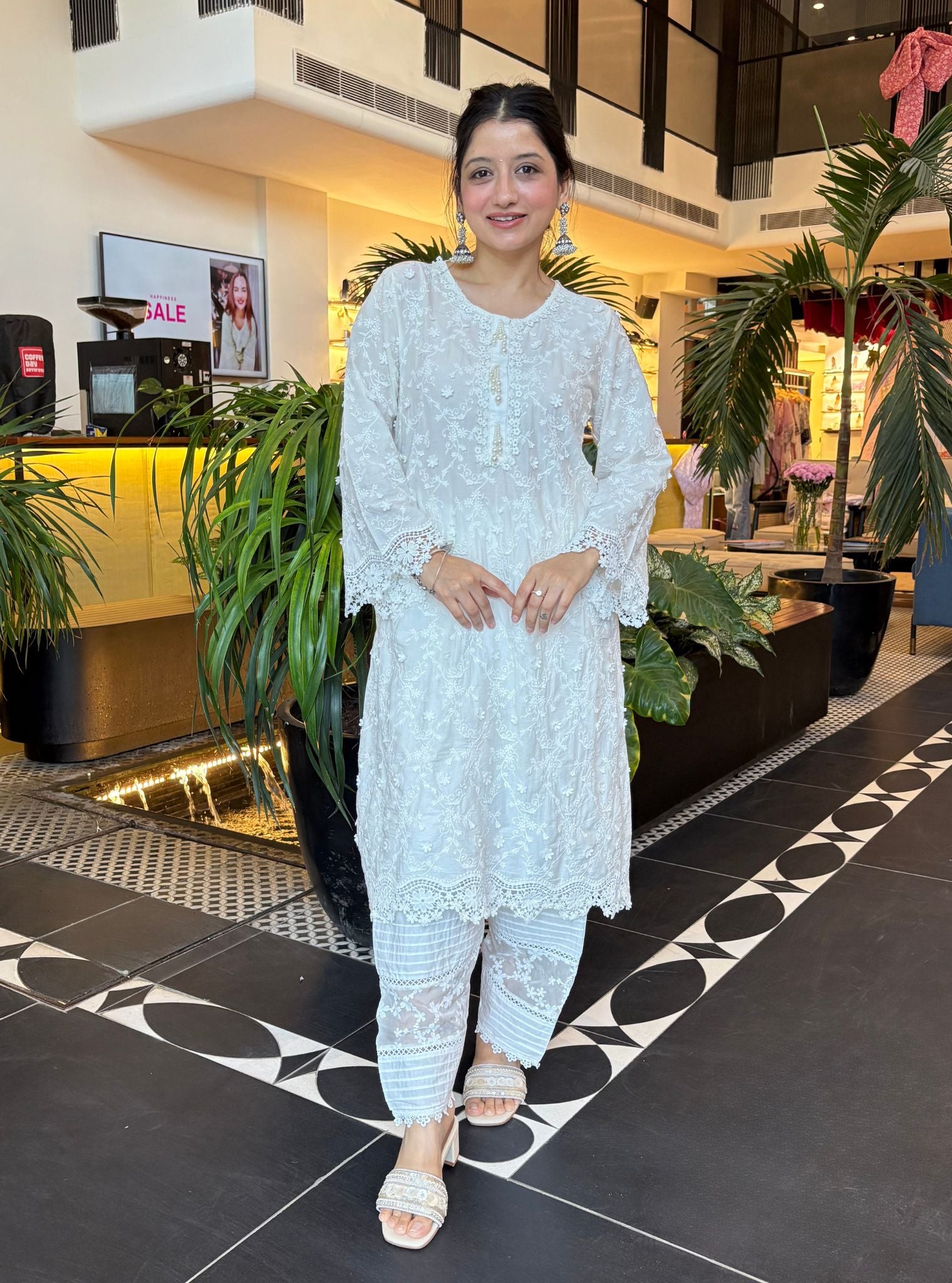 BayBreeze Cotton White Kurta with Floral Organza Panelled White Salwar Set