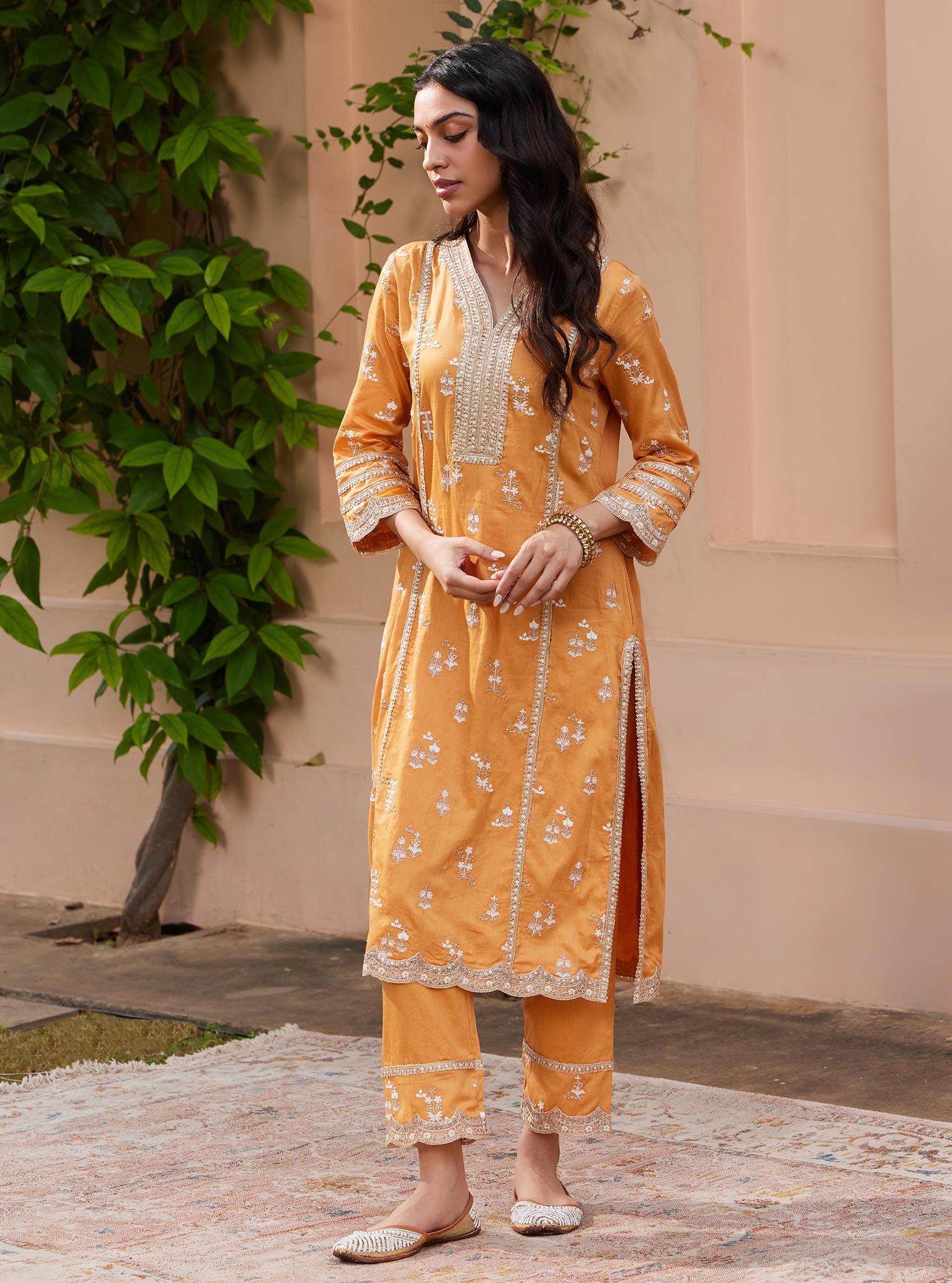 Mulmul Pima Nimisa Orange Kurta With Mulmul Nimisa Orange Pant