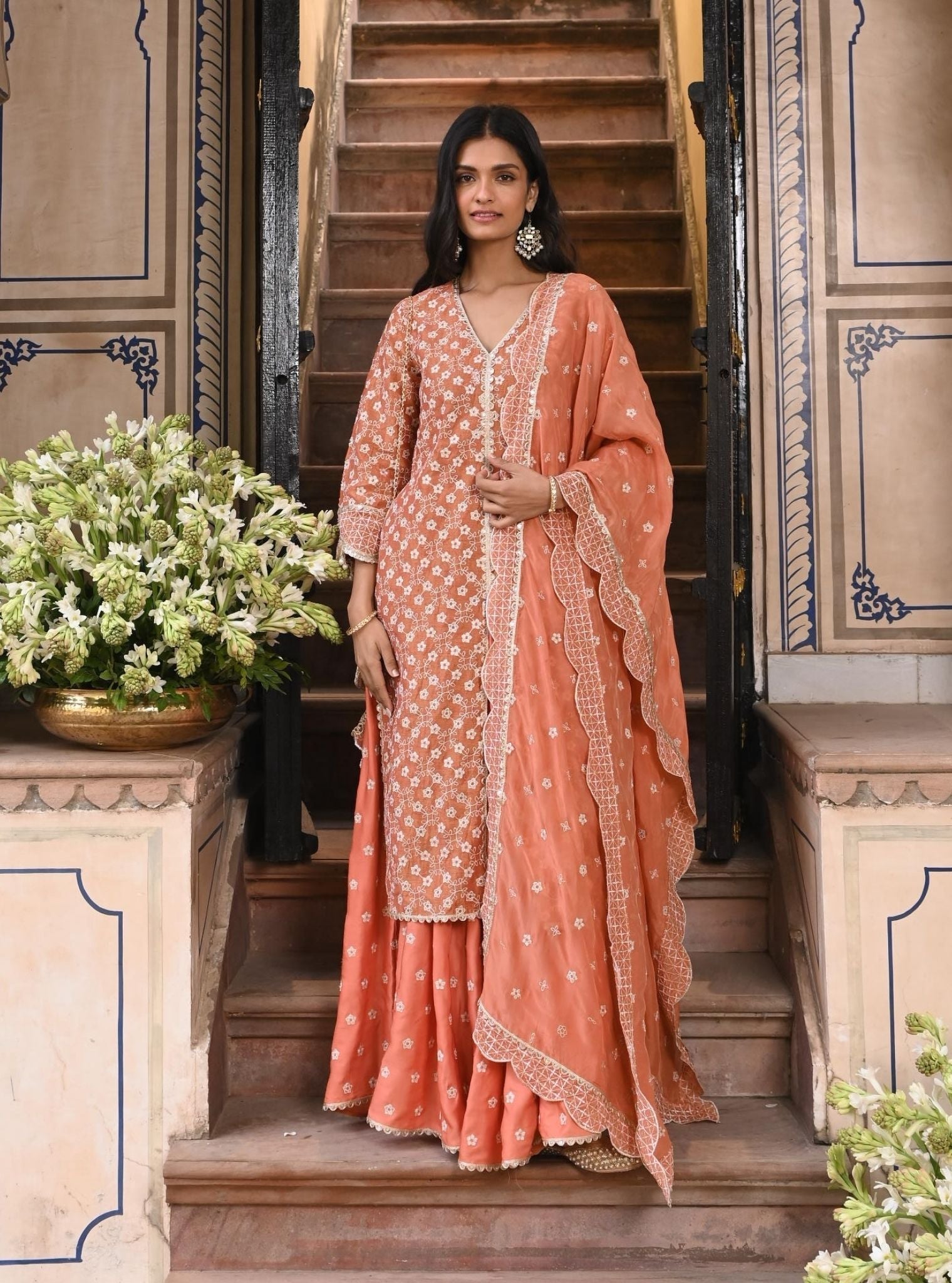 Mulmul Luxe Tissue Satin Maaeri Burnt Orange Kurta with Mulmul Modal Satin Maaeri Burnt Orange Skirt