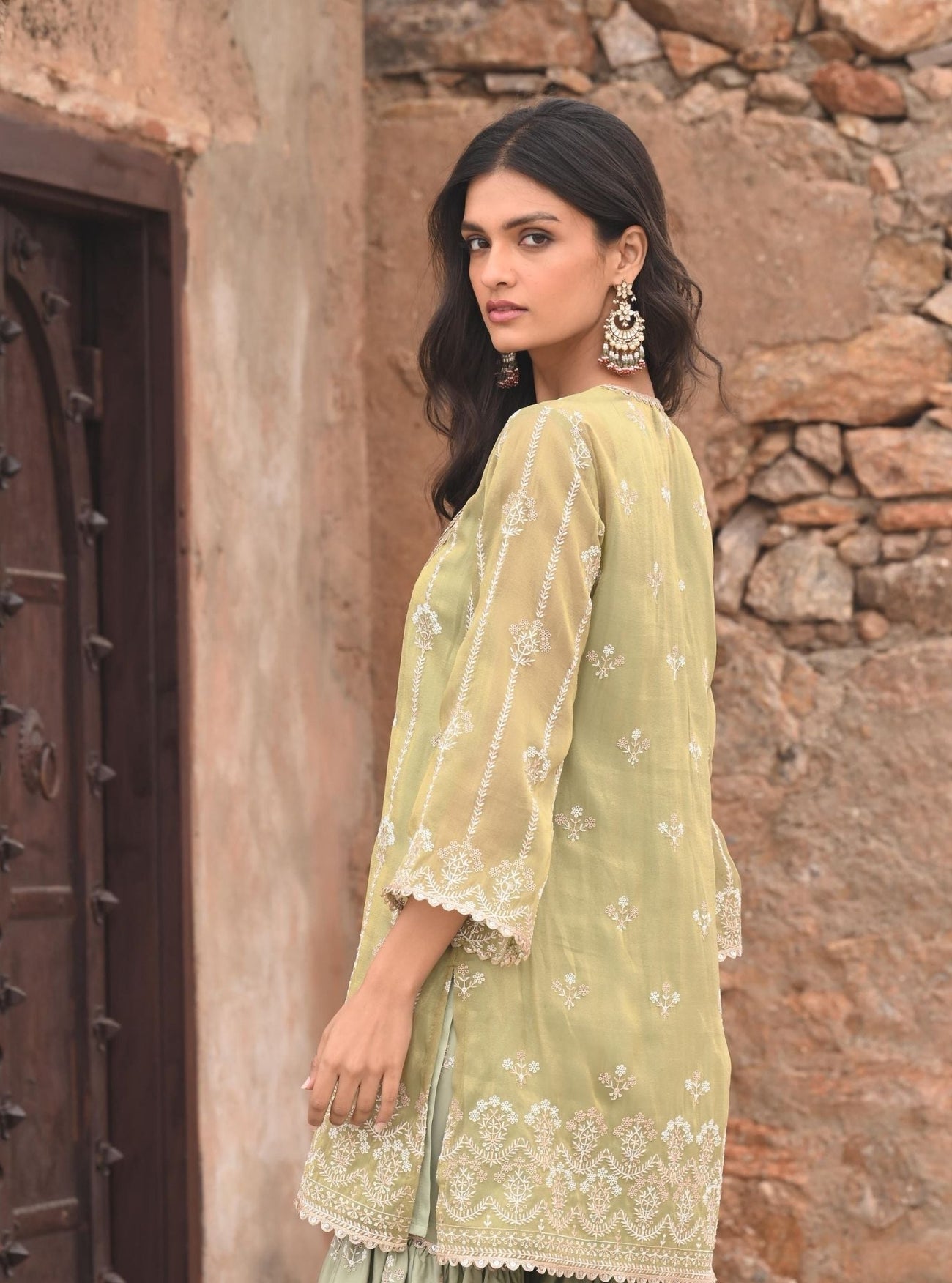 MULMUL SAGE GREY SEQUIN ANGRAKHA KURTA SET