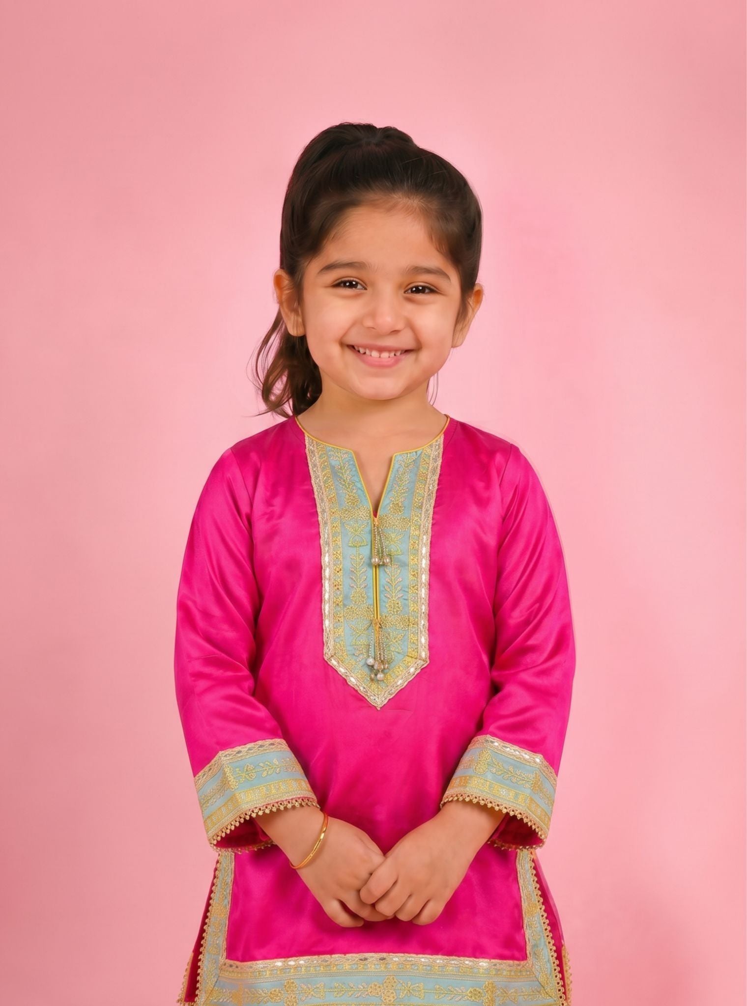 Caeli Cupro Satin Printed Fuchsia & Lime Kurta Set