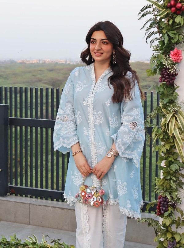 Women'S Blue Cotton Kurta With Mulmul Sharara