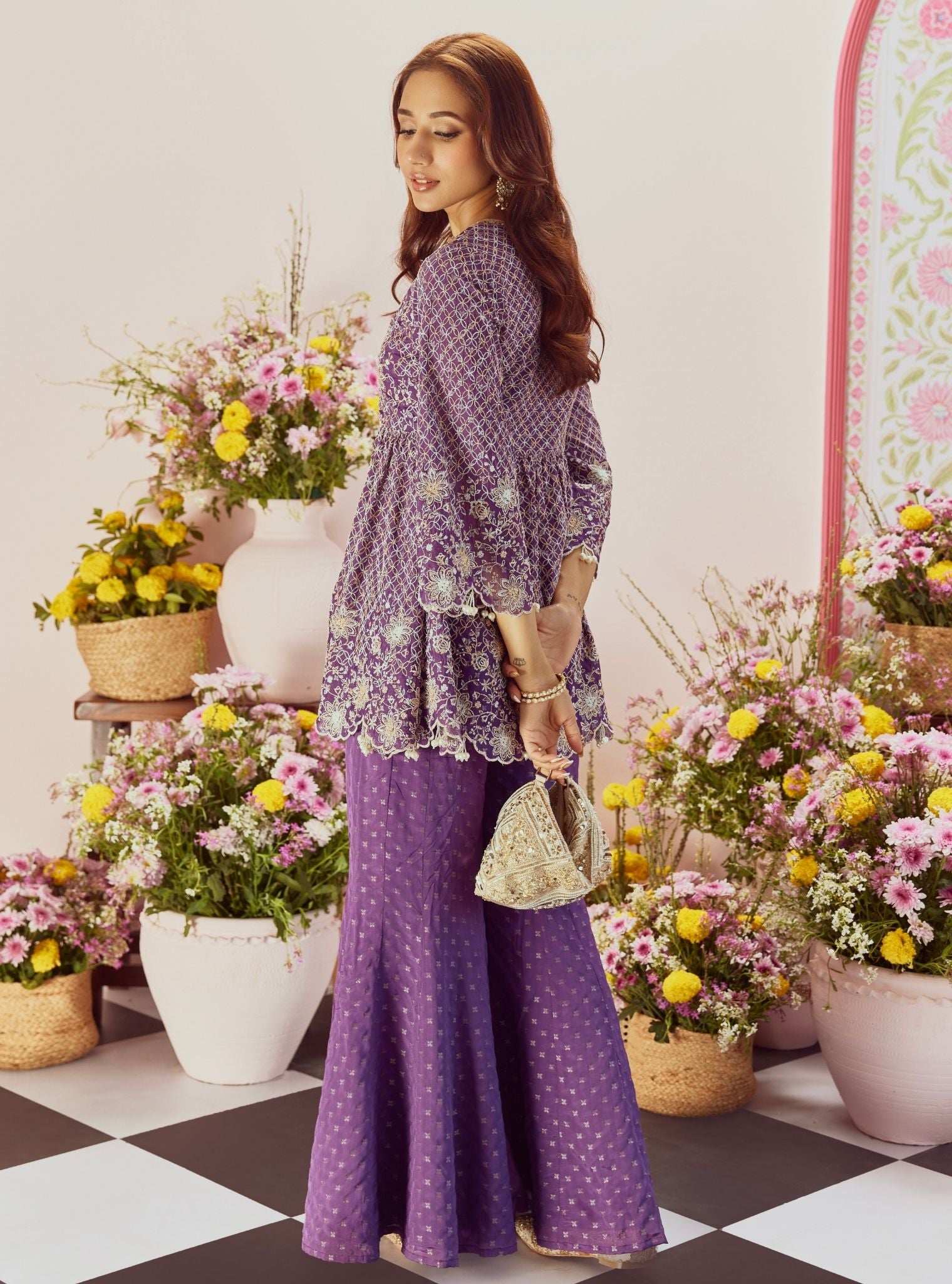 Mulmul Banarsi Ghunghroo Purple Top With Mulmul Banarsi Ghunghroo Purple Sharara