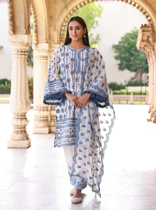 Mulmul Supima Cotton Lomeya White Dark blue Light Blue Dupatta main image 0