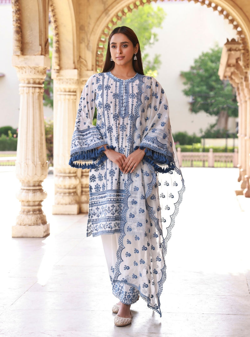 Lomeya Supima Cotton White & Blue Kurta Set main image 0