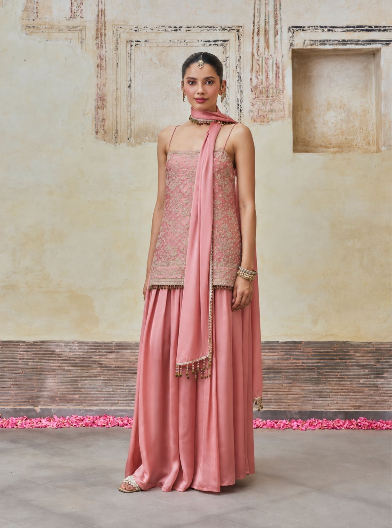 Aangan Cupro Satin Pink Sharara Set