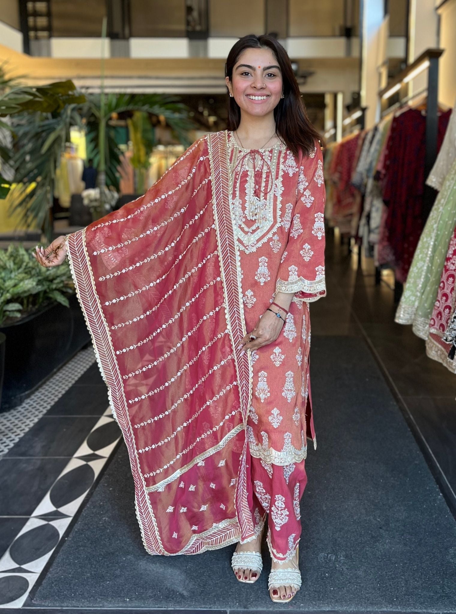 Mulmul Tissue Linen Satin Intira Red Kurta With Mulmul Tissue Linen Satin Intira Red Pant