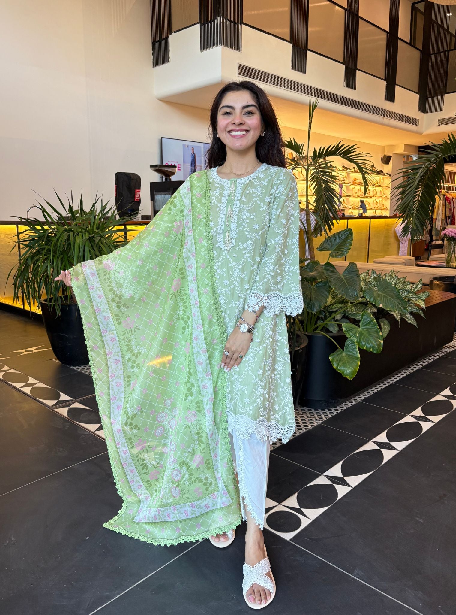 Mulmul Cotton BayBreeze Green Kurta With Aelira White Dhoti Pant