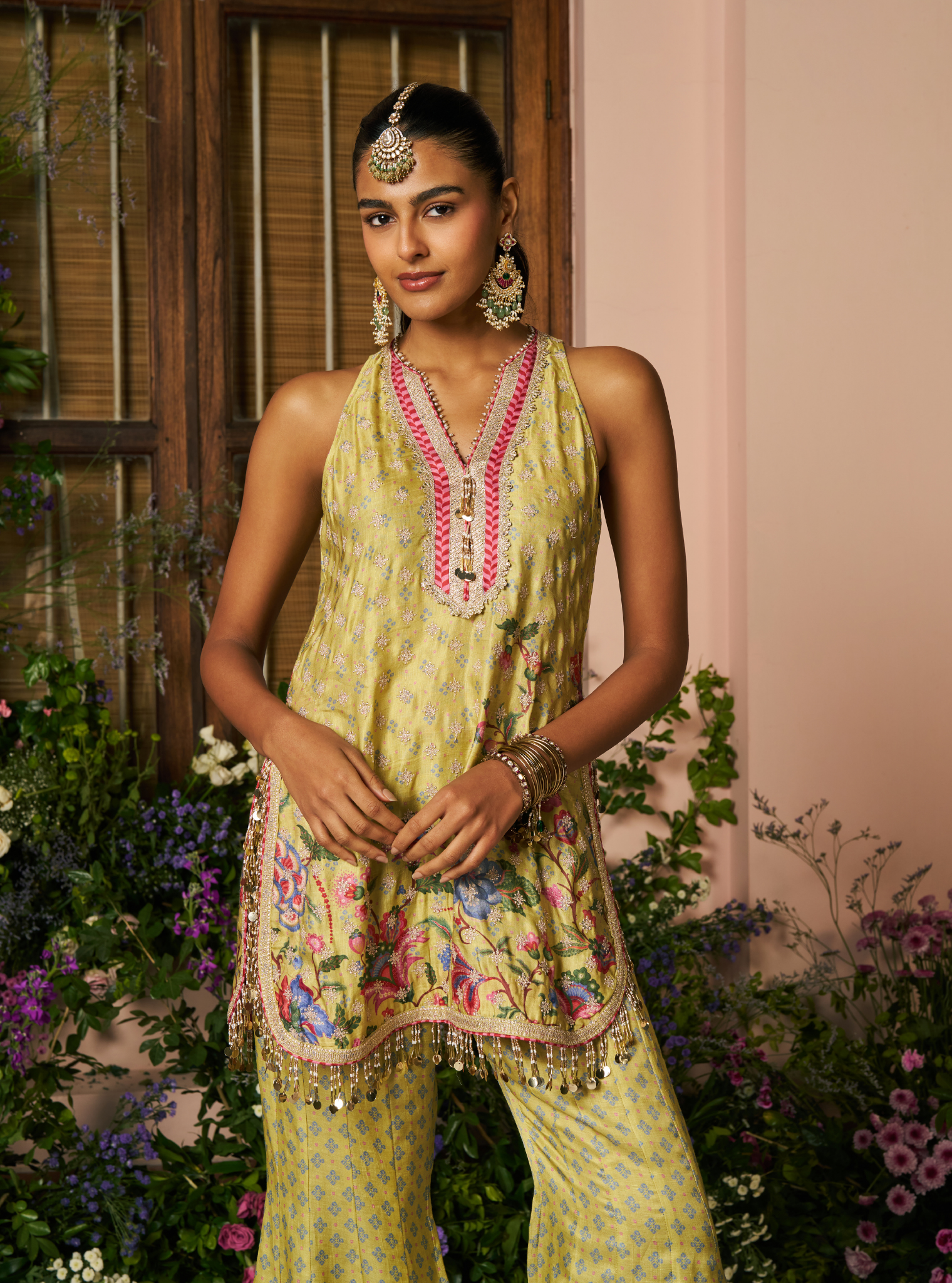 Chakori Linen Satin Lime Printed Kurta Set