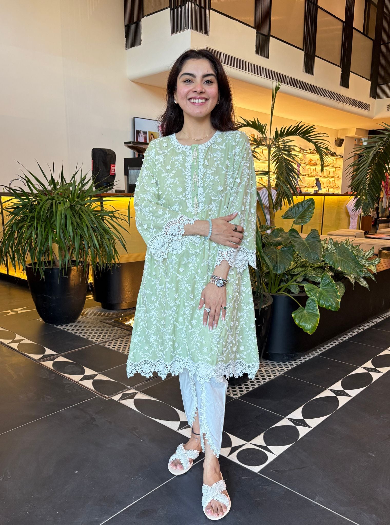 Mulmul Cotton BayBreeze Green Kurta With Aelira White Dhoti Pant