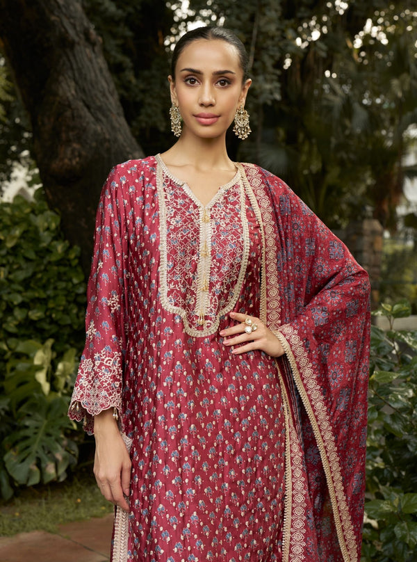 Kissa Cupro Satin Navy Ajrakh Print Kurta Set