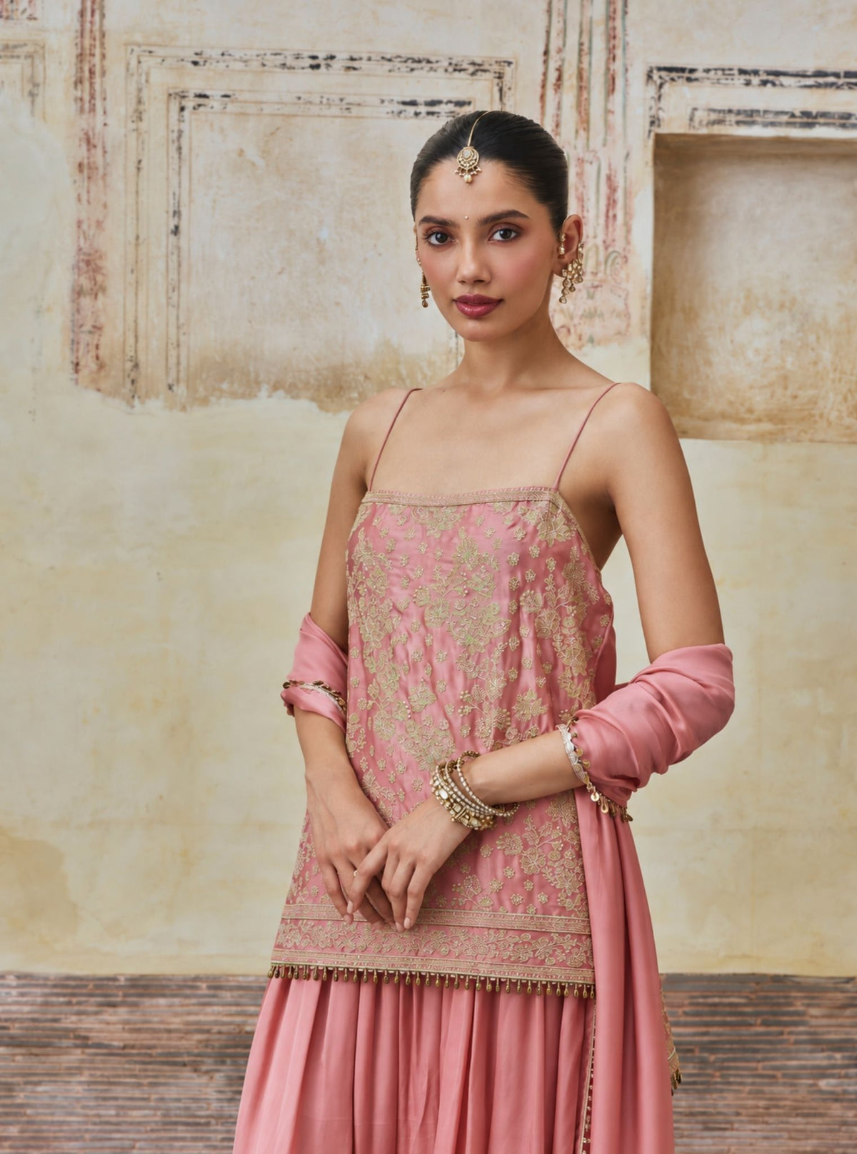 Aangan Cupro Satin Pink Sharara Set