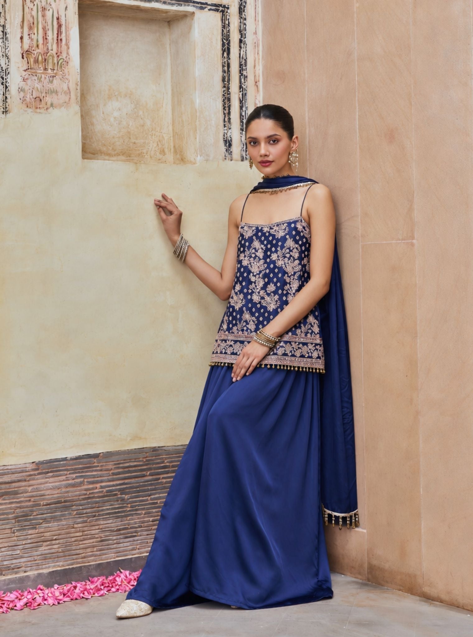 Aangan Cupro Satin Navy Sharara Set