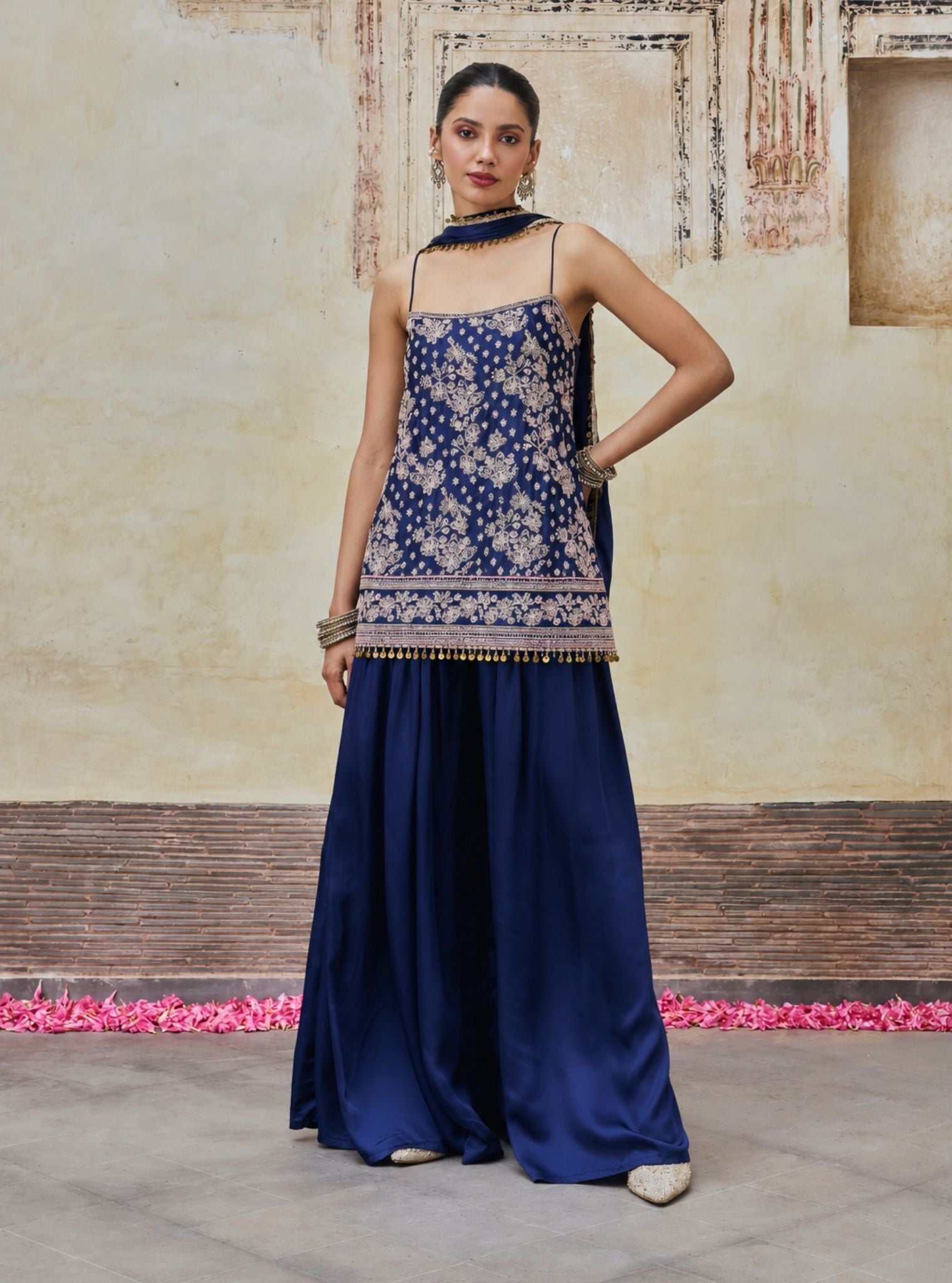 Aangan Cupro Satin Navy Sharara Set
