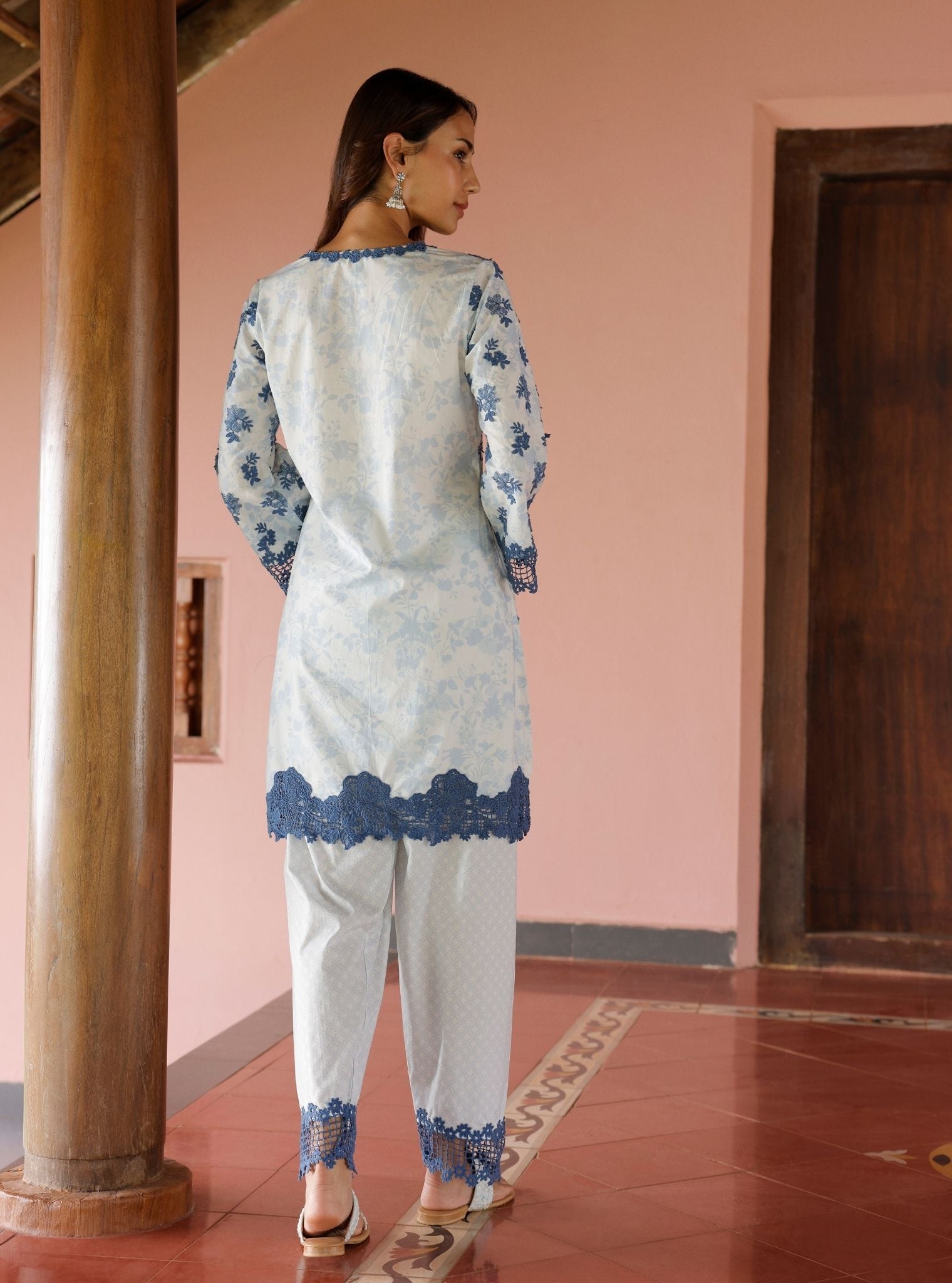 Mulmul Cotton Print Yamya Blue Kurta With Mulmul Cotton Print Yamya Blue Pant