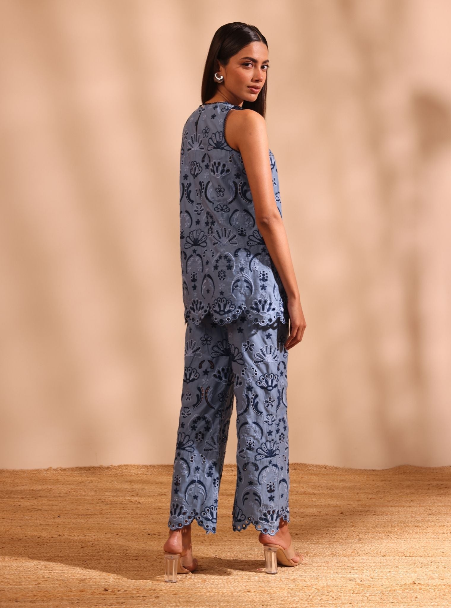 Mulmul Cotton Shaya Denim Top With Mulmul Cotton Shaya Denim Pant