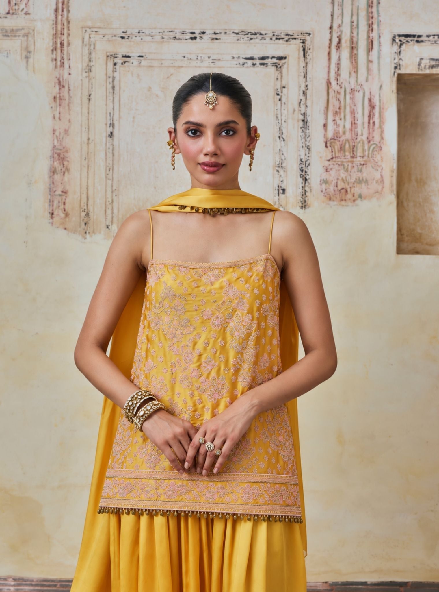 Aangan Cupro Satin Mustard Sharara Set