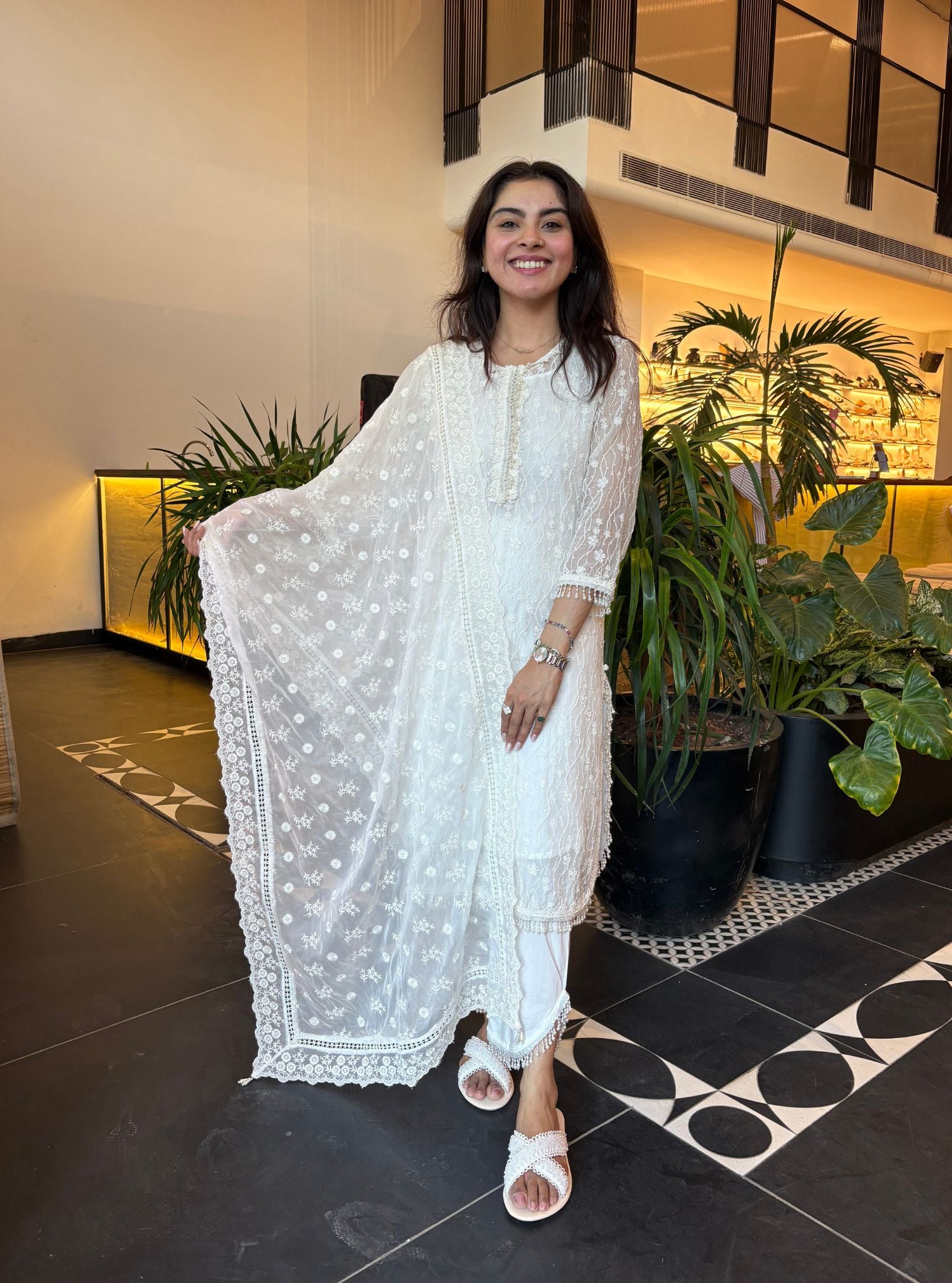 Mulmul Tencel Luxe Organza Freya White Kurta With Supima Cotton freya Round Hem White Pant