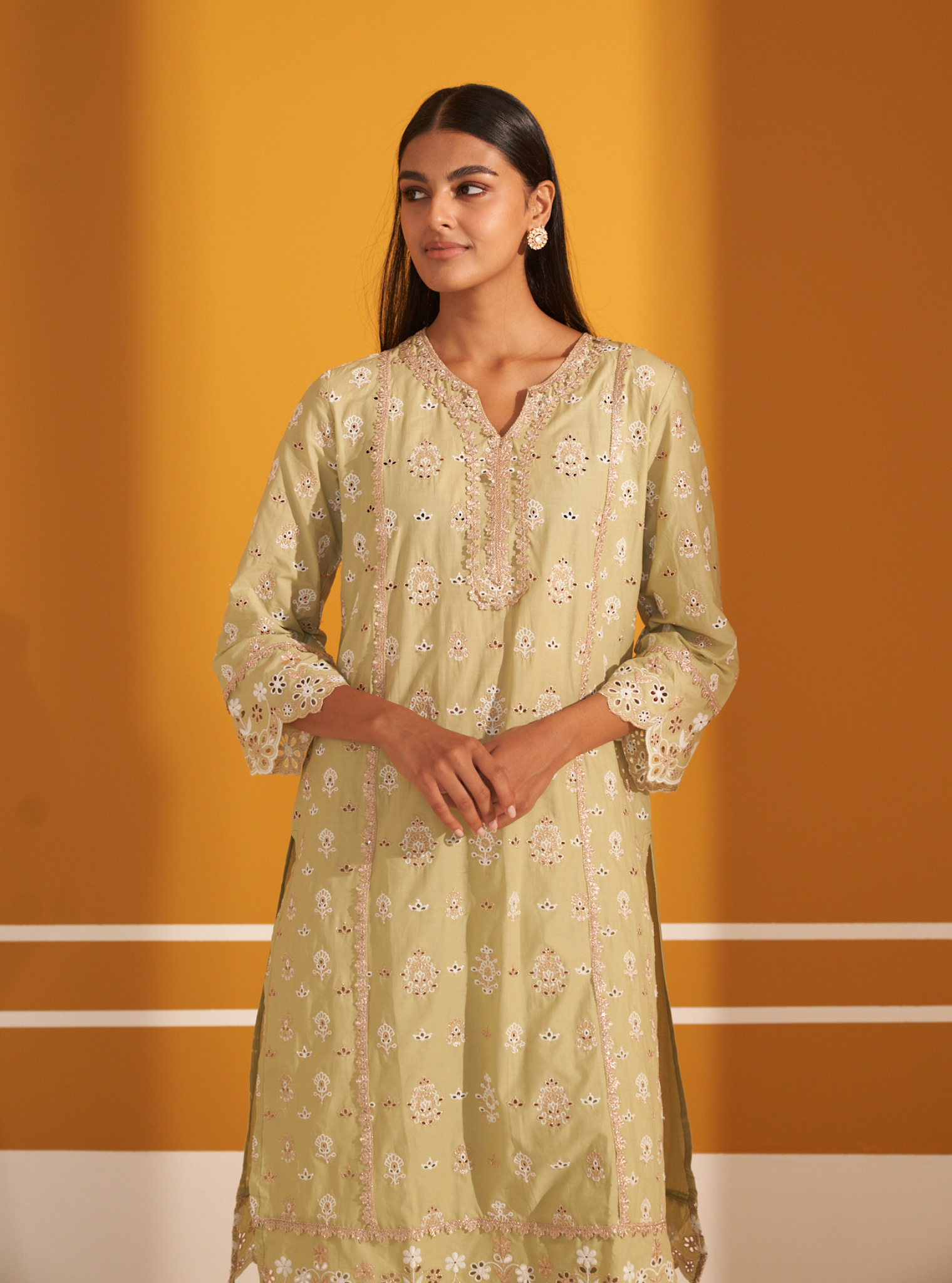 Mulmul Cotton Lamai Green Kurta With Mulmul Cotton Lamai Green Pant