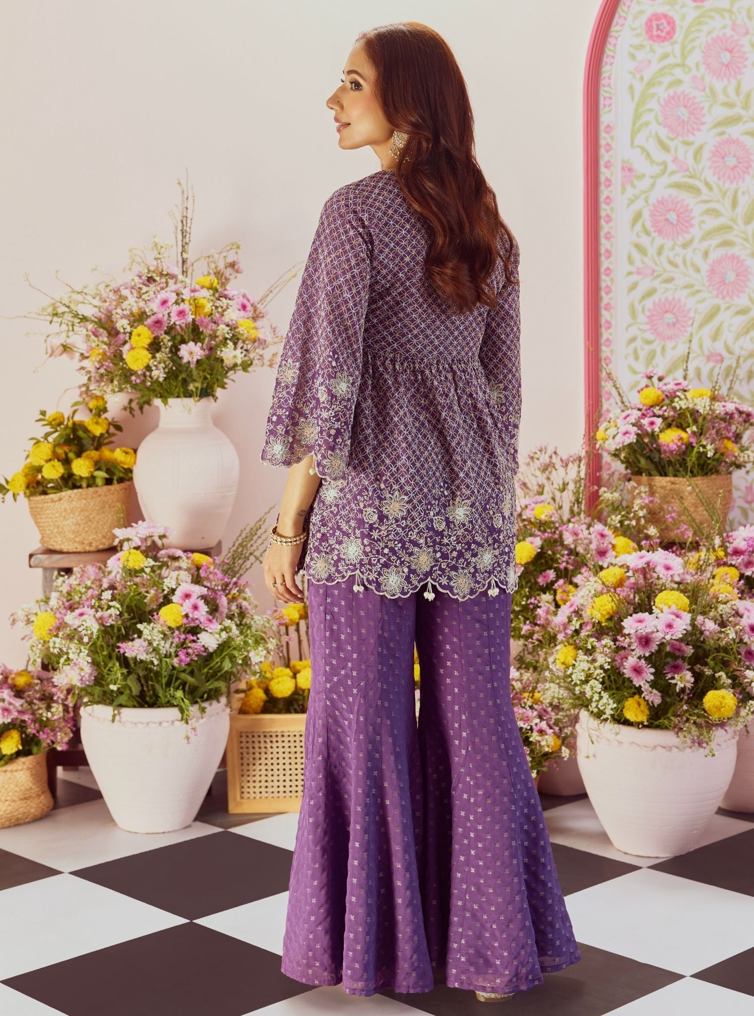 Mulmul Banarsi Ghunghroo Purple Top With Mulmul Banarsi Ghunghroo Purple Sharara