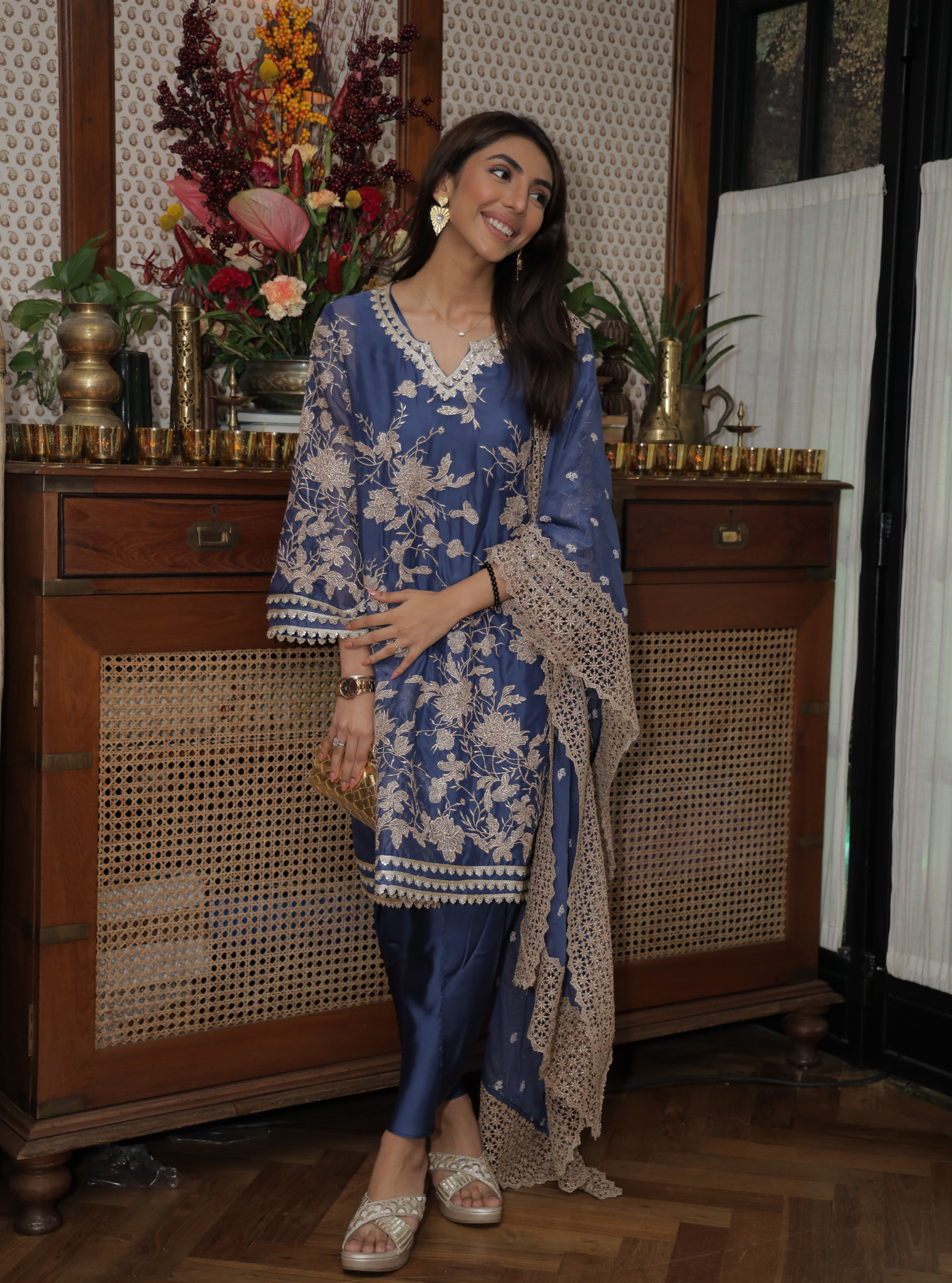 Mulmul Organza Sunee Navy Kurta With Mulmul Cupro Satin Sunee Navy Salwar