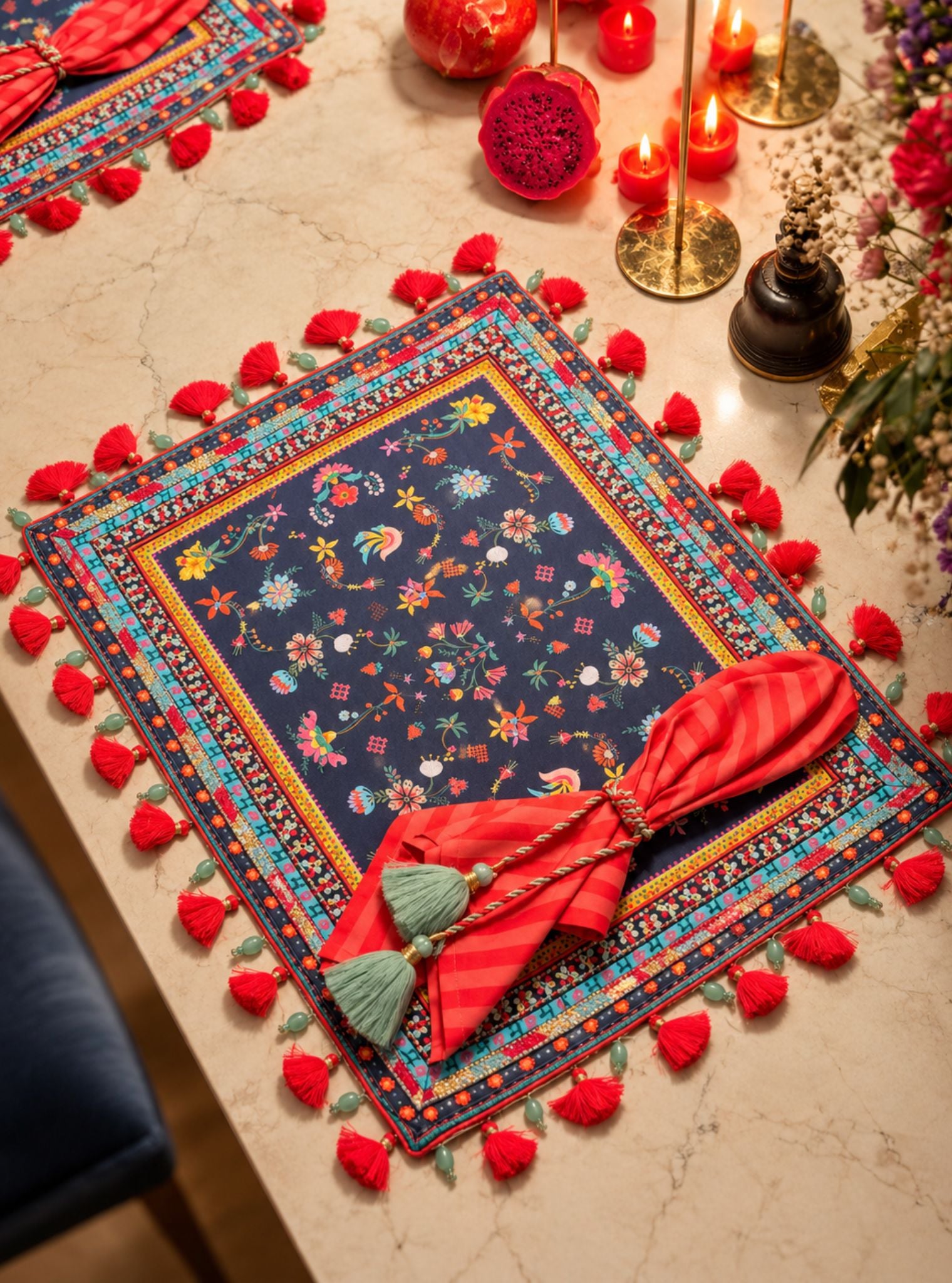 Midnight Bloom Printed Placemat Set in Navy