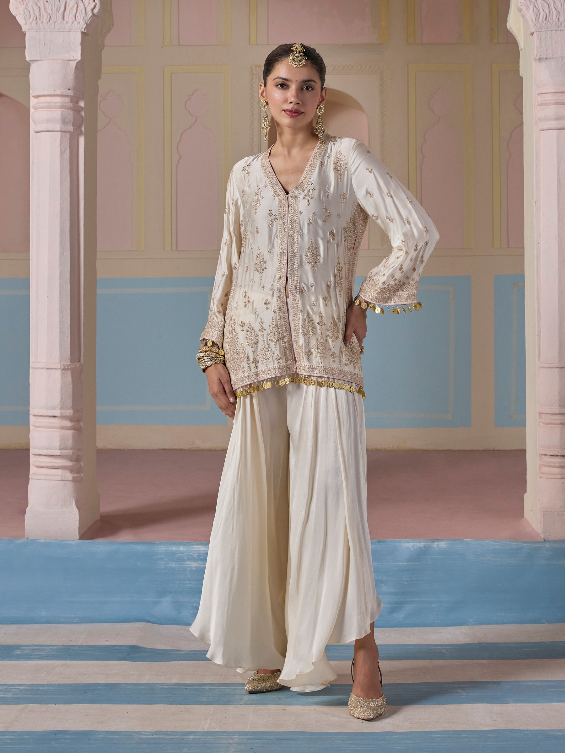 Laado Cupro Satin Off White Jacket with Draped Pants