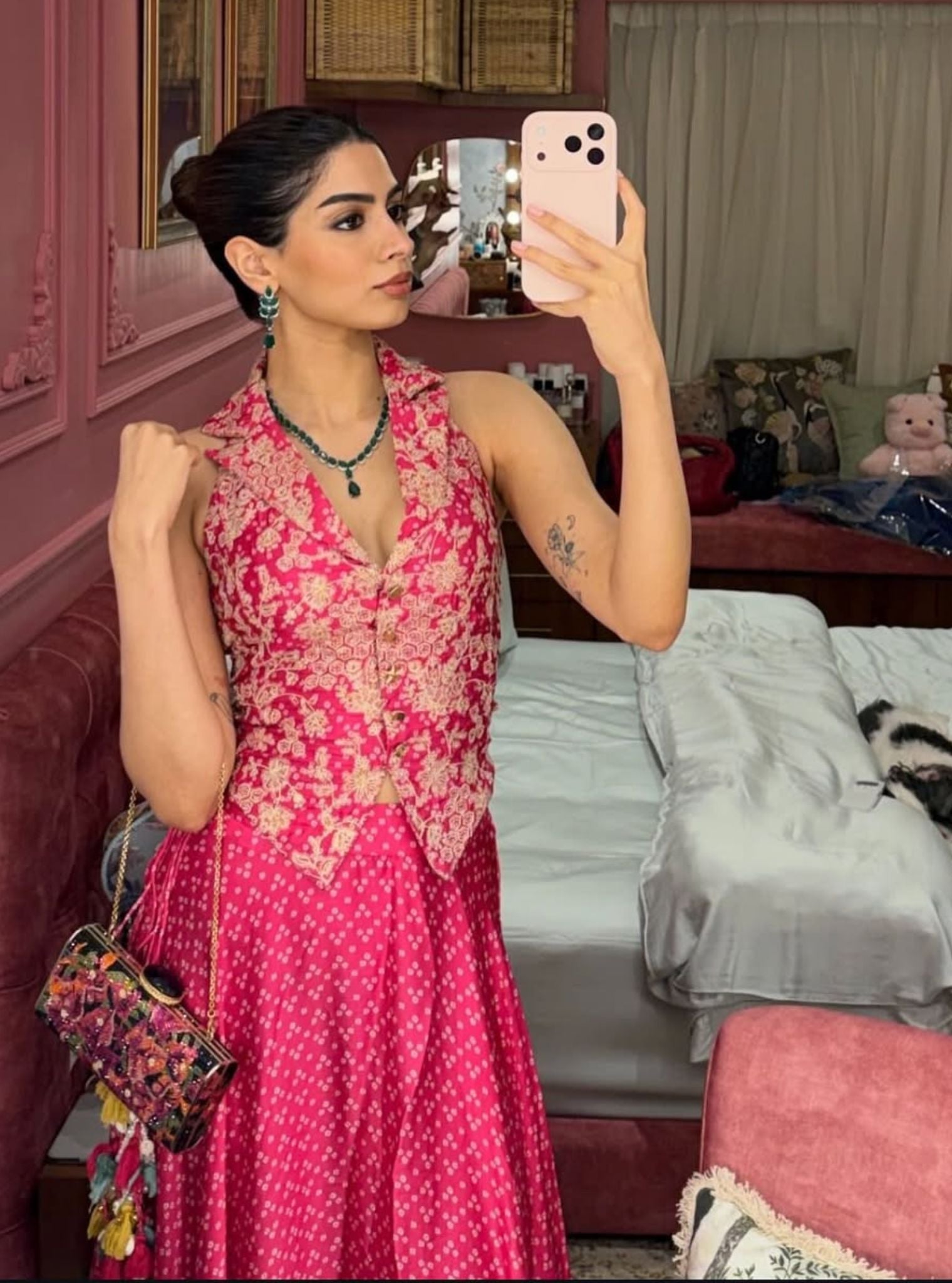 Kuhu Cupro Satin Printed Fuchsia Waistcoat with Wide Pleated Skirt