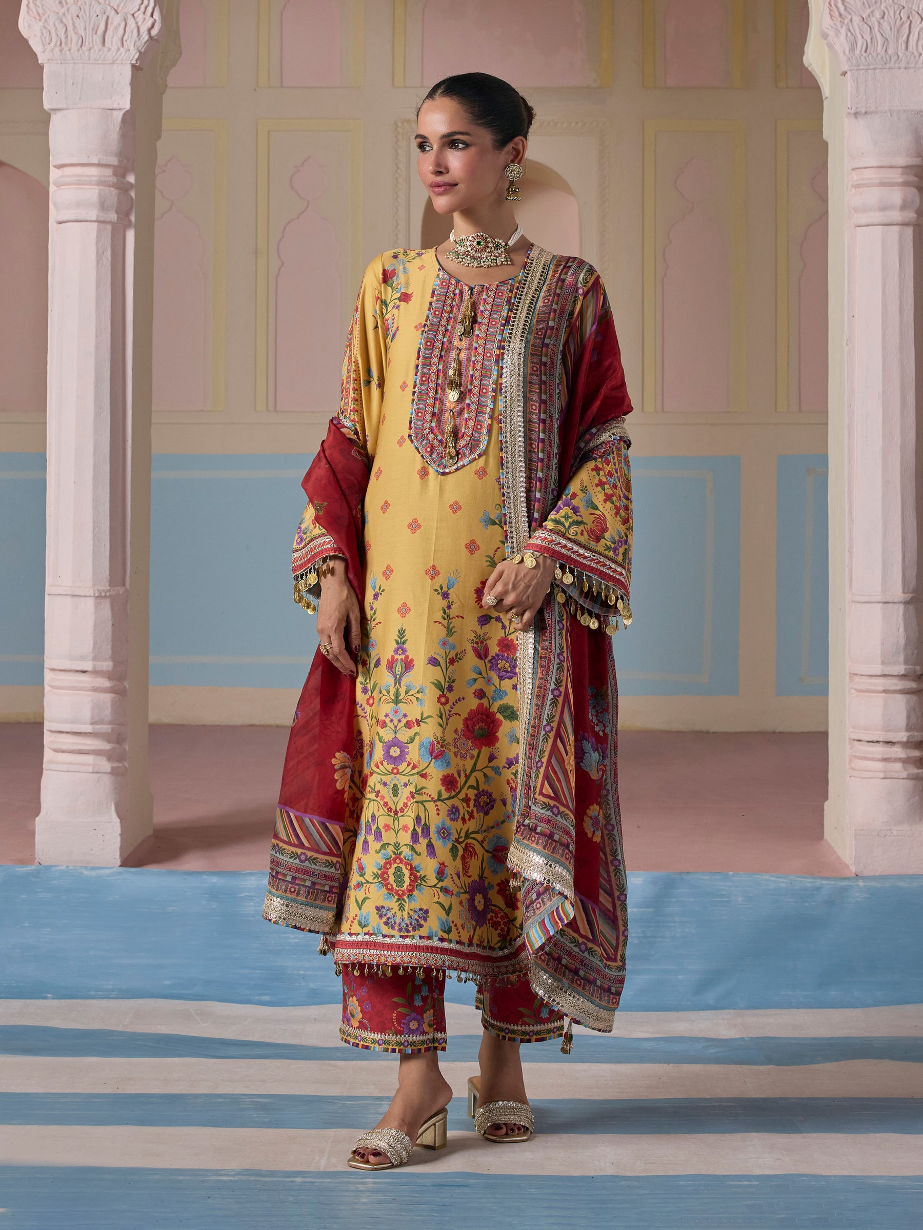 Sangi Pima Satin Printed Mustard Long Kurta Set