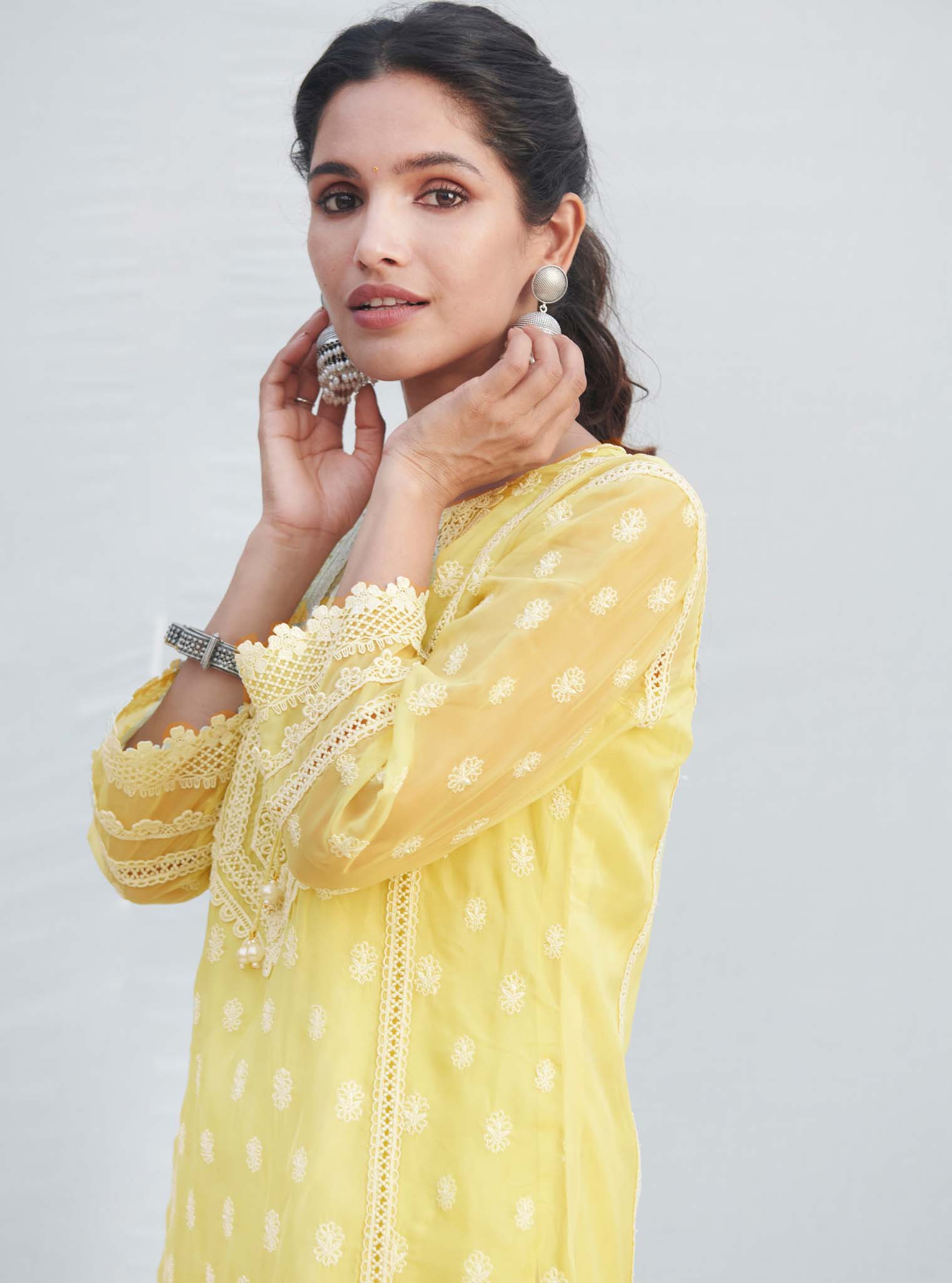 Mulmul Organza Jankia Yellow Kurta With Mulmul Cotton Jankia Yellow pant