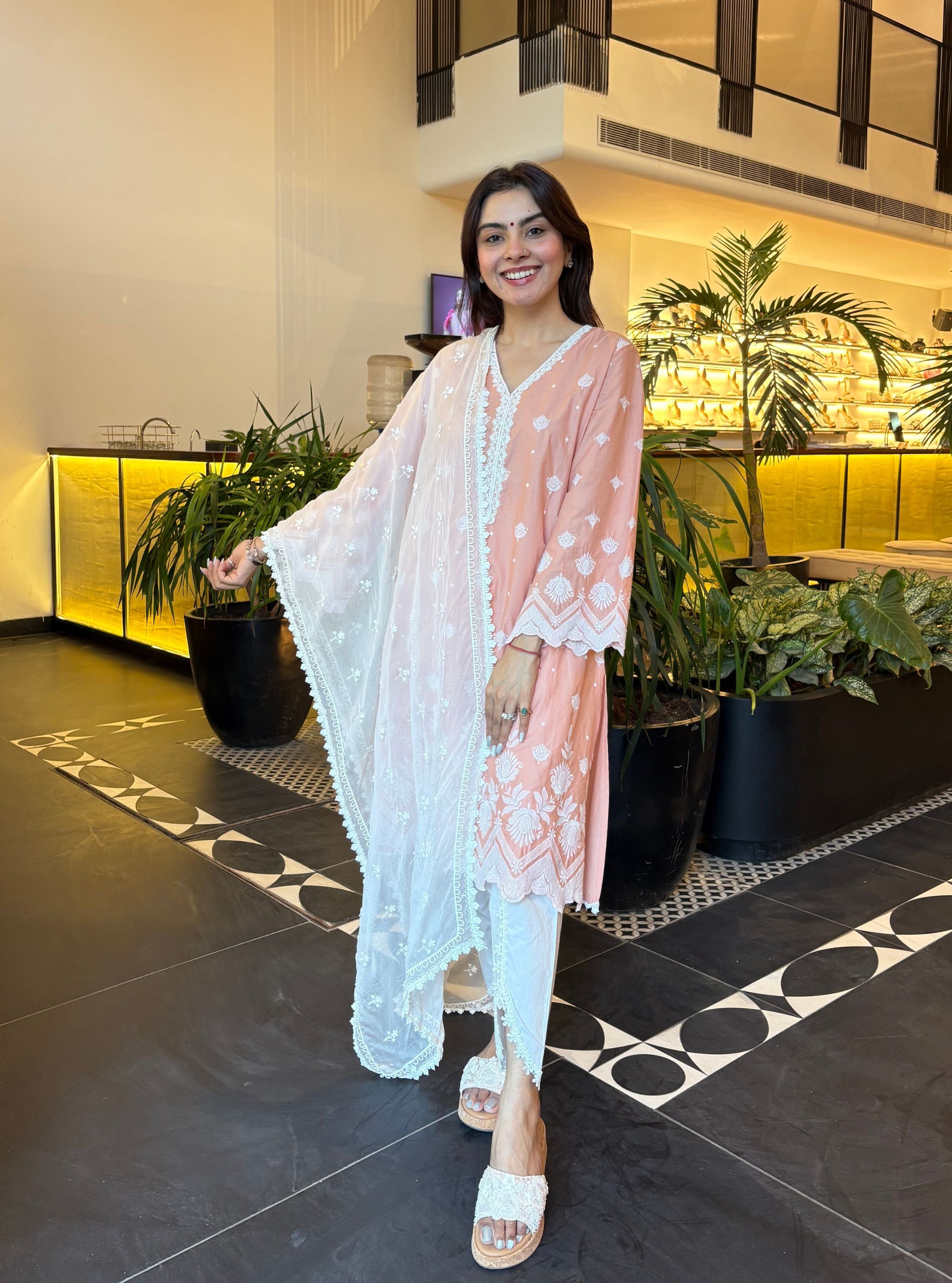 Garden Cress Cotton Peach Kurta With Aelira Cotton White Dhoti Pant