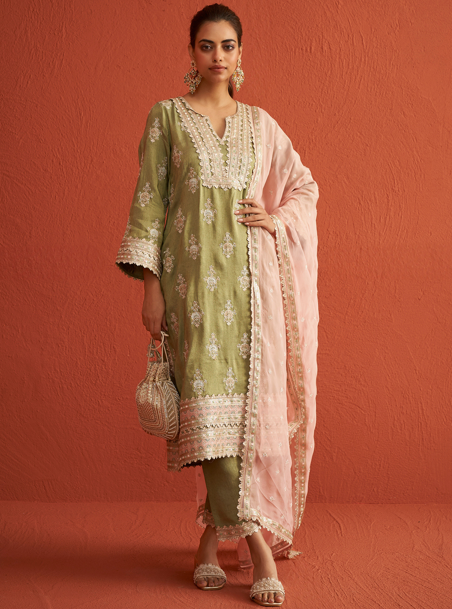 Mulmul Luxe Tissue Mitthi Sage Green Kurta With Mulmul Luxe Tissue Mitthi Sage Green Pant