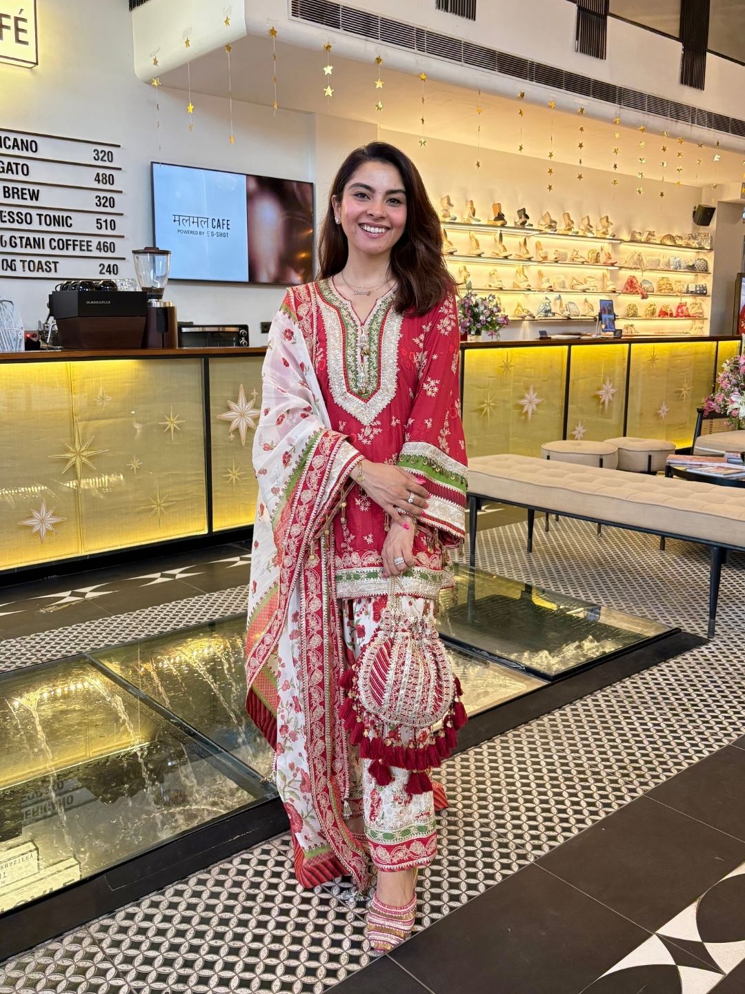 Elia Lawn Printed Red Kurta with Farshi Salwar