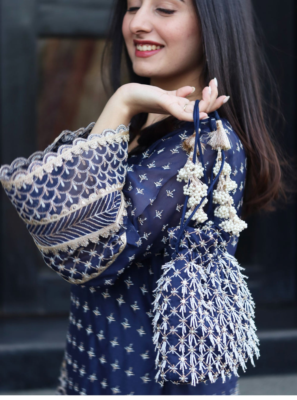 Mulmul Sawaari Navy Potli Bag