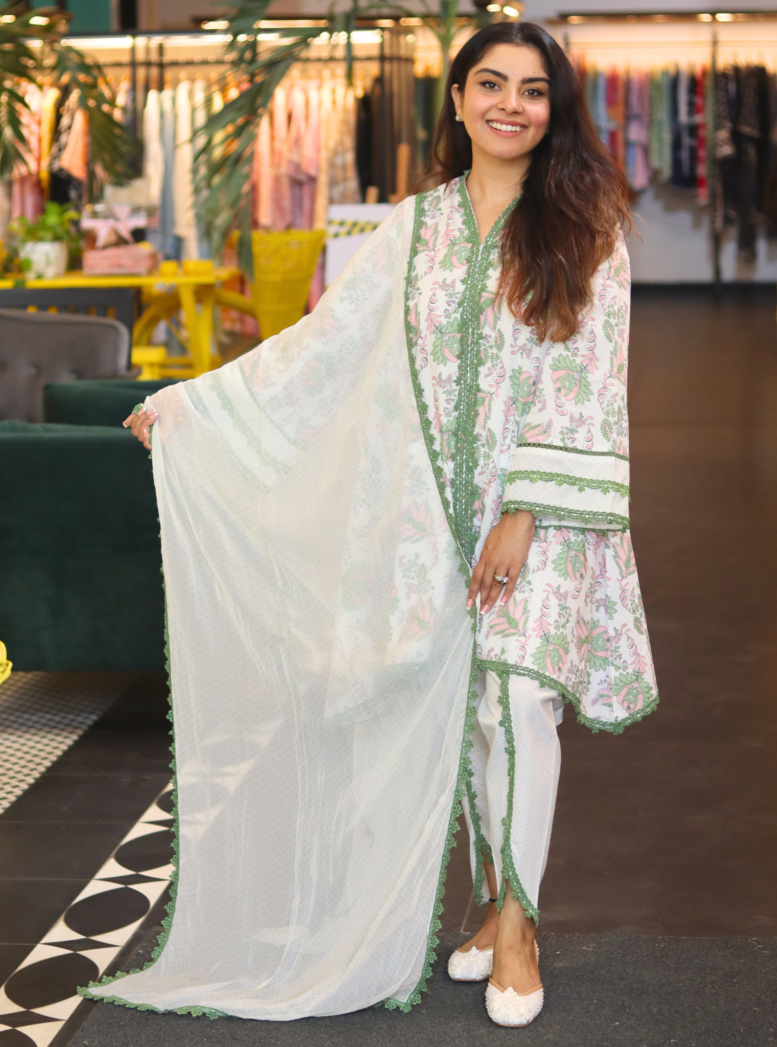 Mulmul Chintz Azura Green Kurta With Mulmul Chintz Azura Green Dhoti