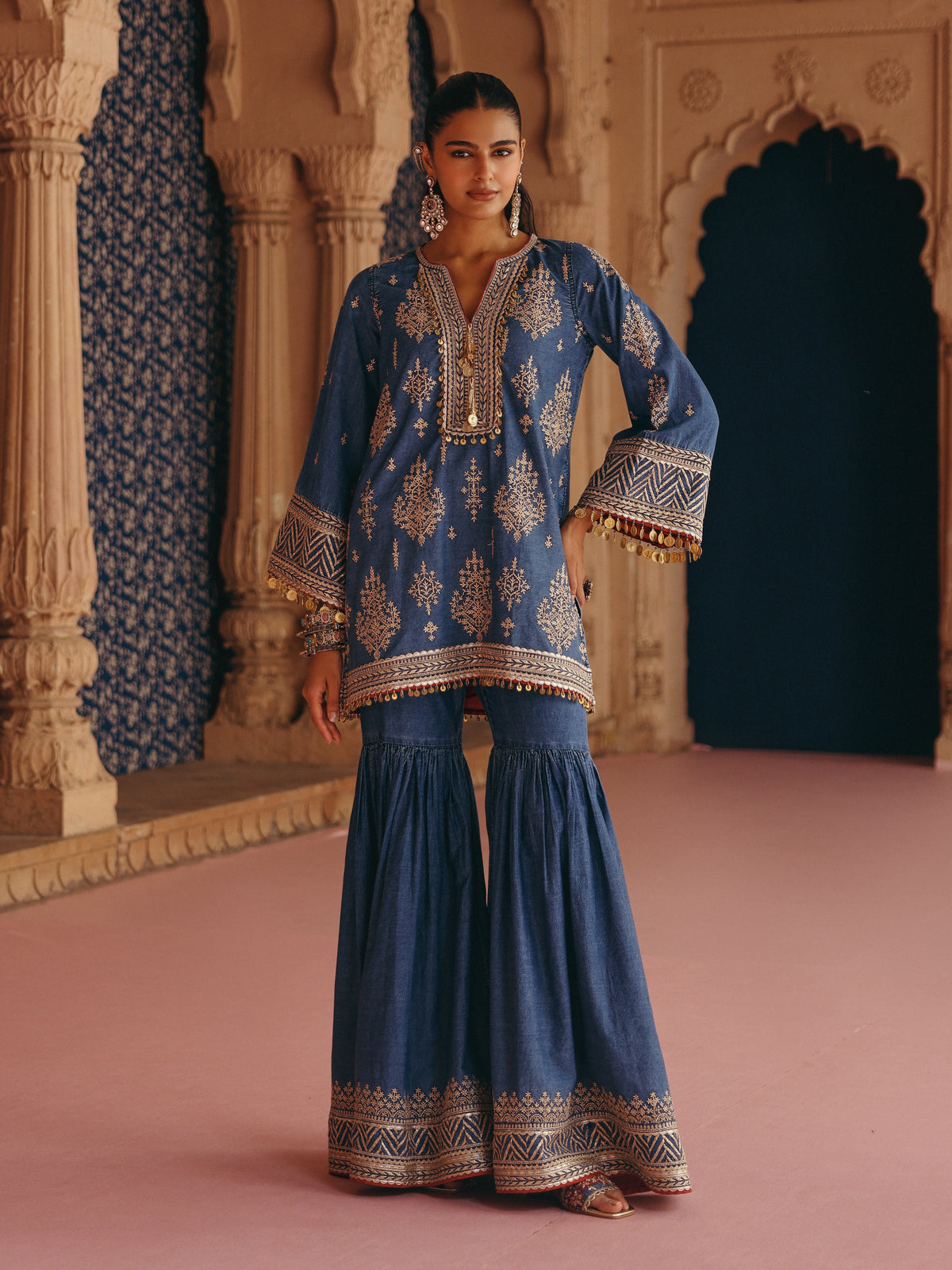 Beri Denim Short Kurta with Sharara