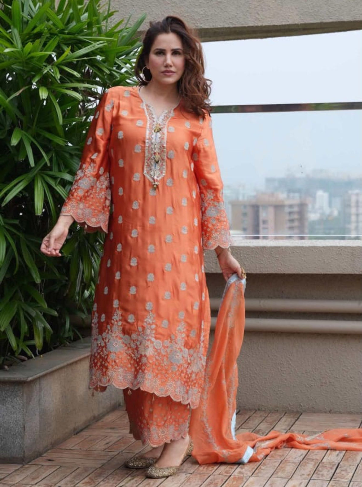 Laina Cupro Satin Orange Long Kurta Set