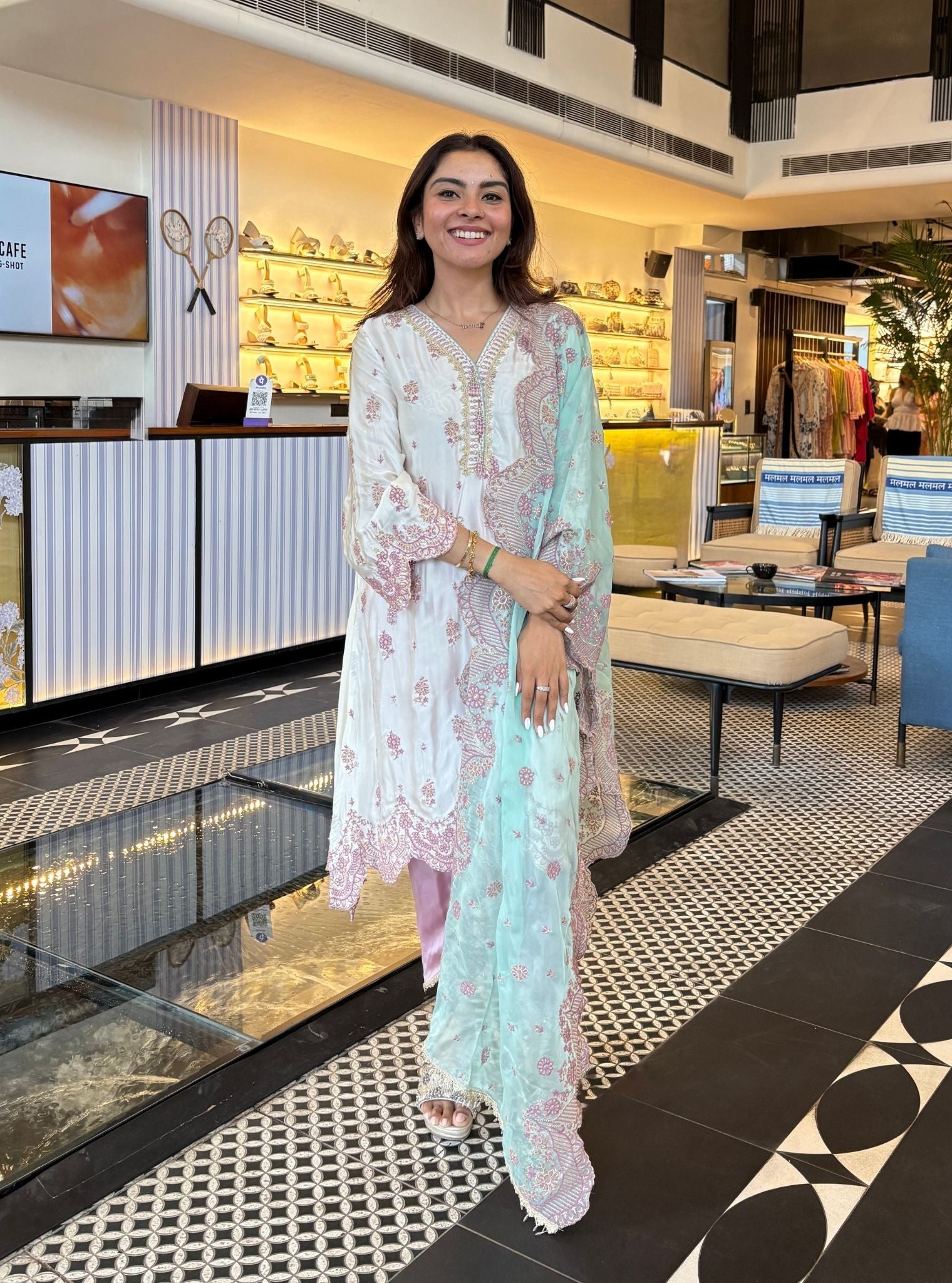 Phulkari Cupro Satin White Kurta Set
