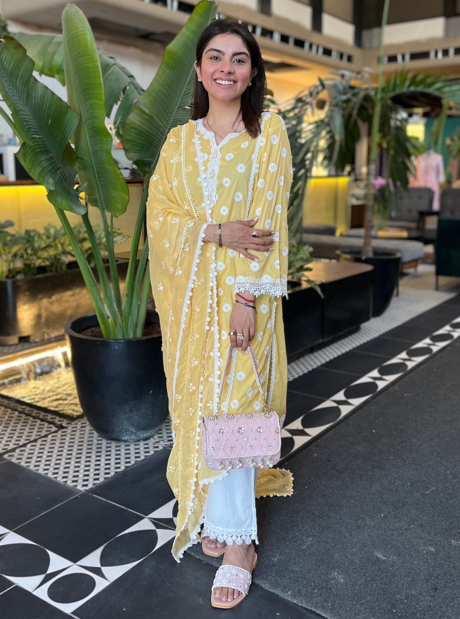 Mulmul Cotton Cathy Yellow Kurta With Mulmul Cotton Tassel Pyajama