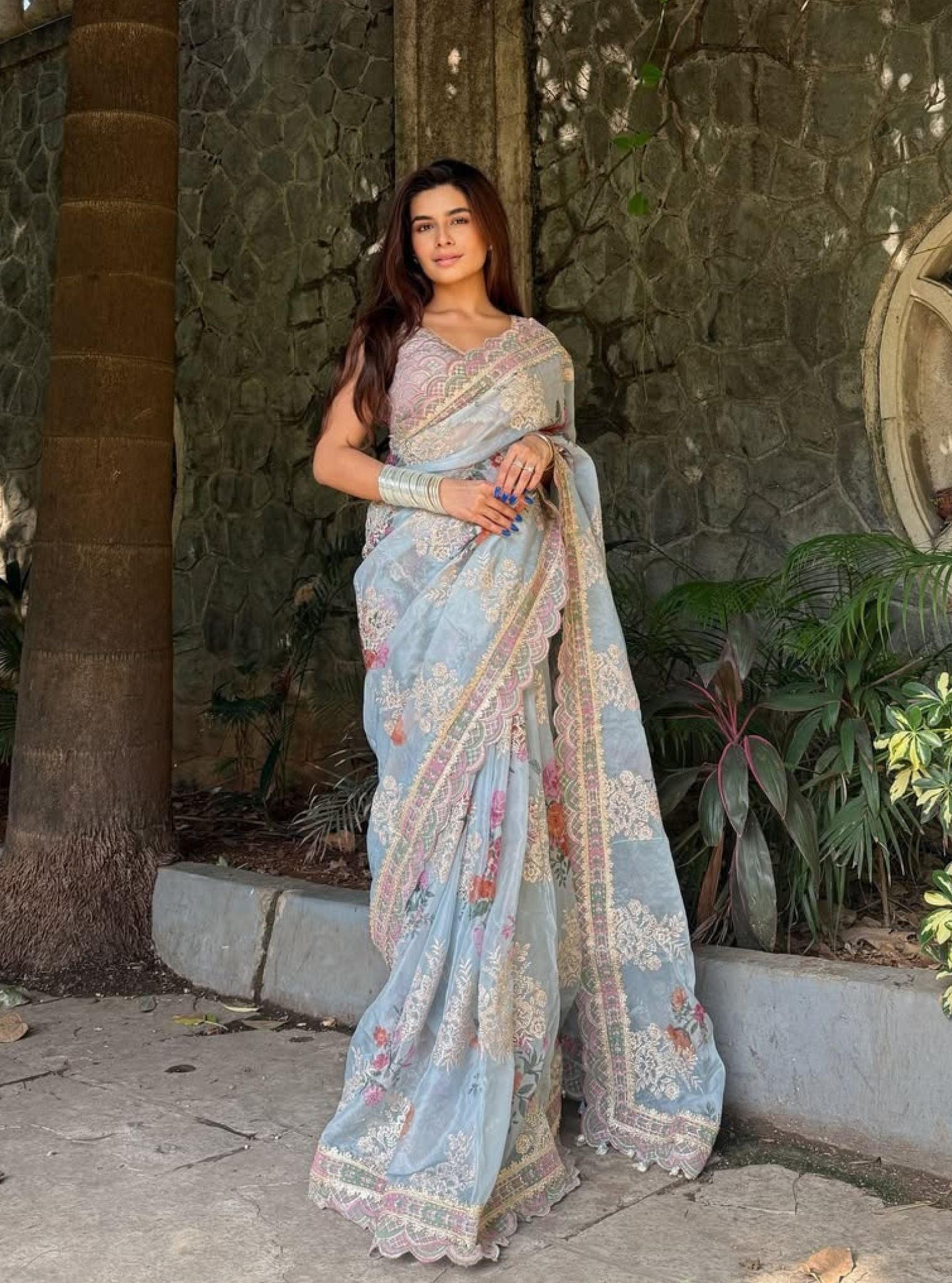 Mulmul Organza Printed Swar Grey Blue Saree