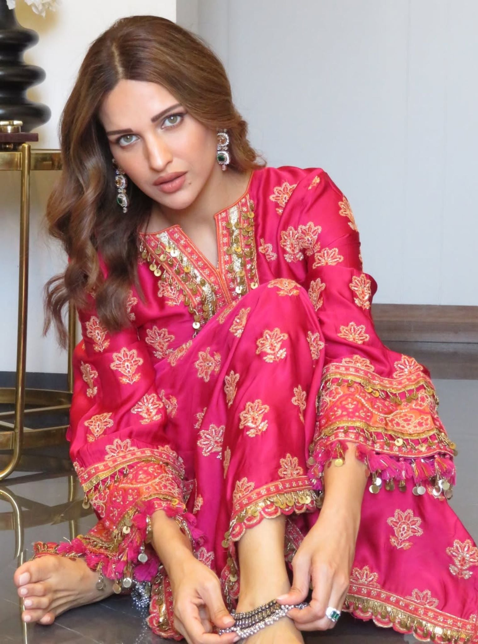 Chitra Cupro Satin Rani Pink Kaftan Set