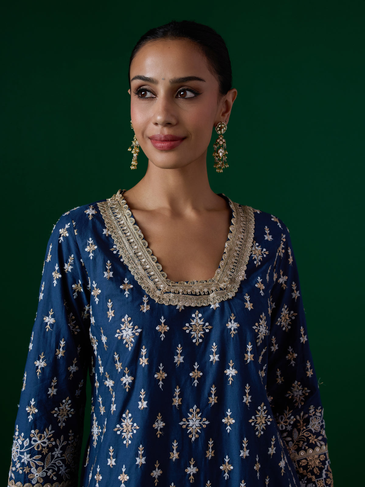 Kalander Pima Satin Navy Kurta Set