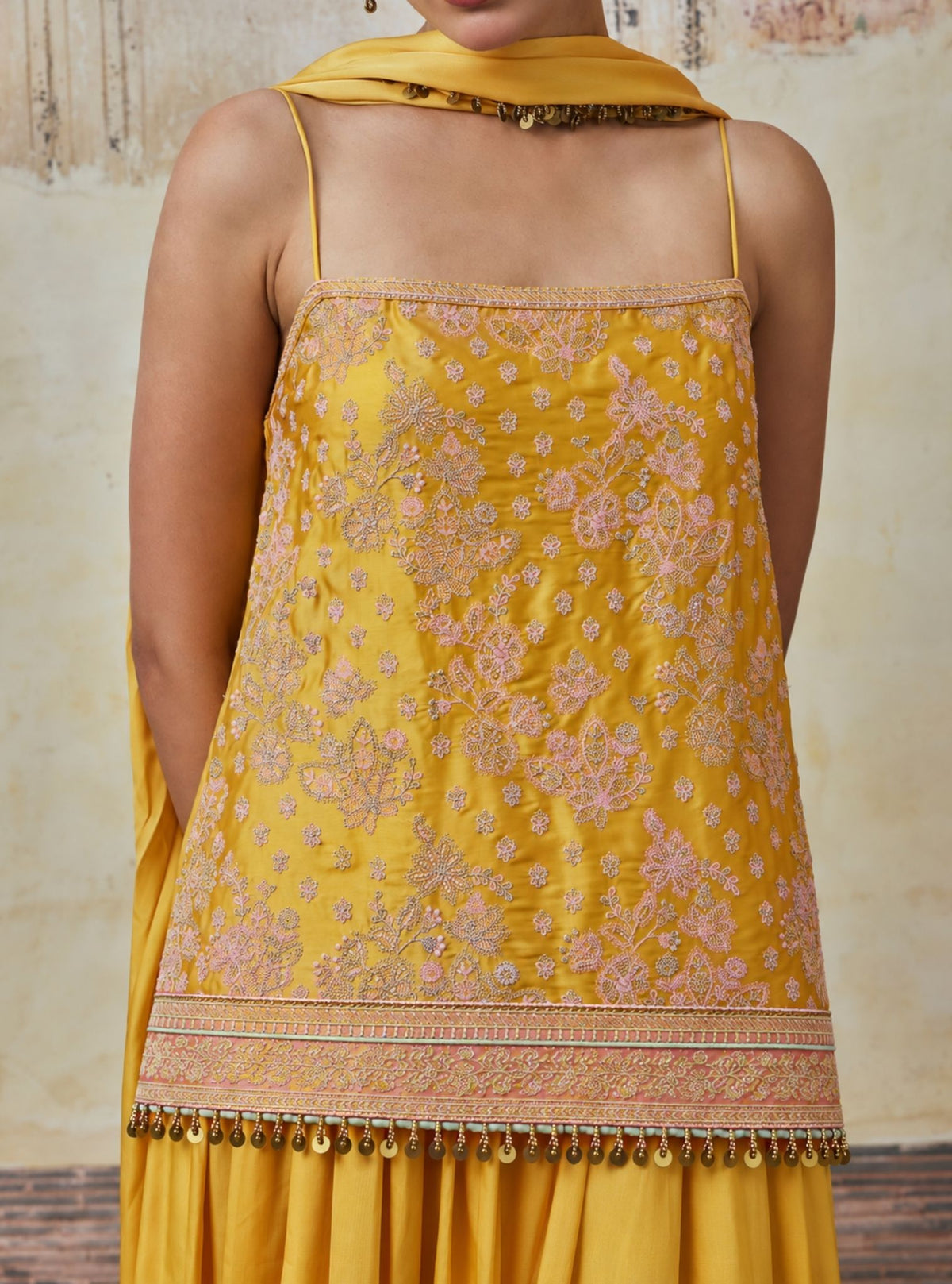 Aangan Cupro Satin Mustard Sharara Set