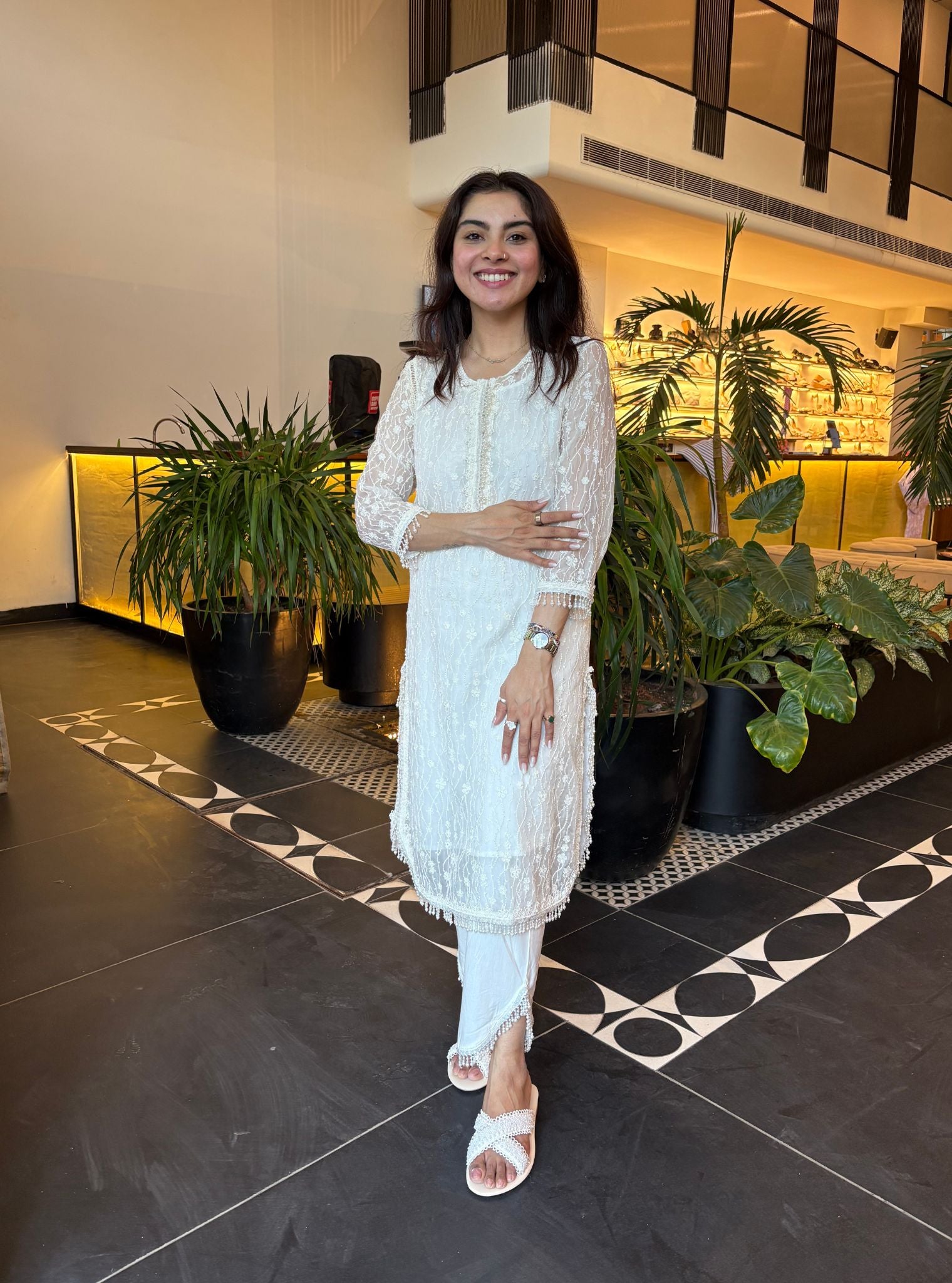 Mulmul Tencel Luxe Organza Freya White Kurta With Supima Cotton freya Round Hem White Pant