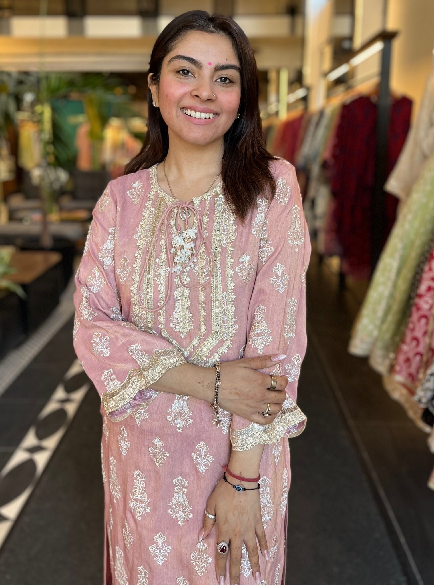 Mulmul Tissue Linen Satin Intira Pink Kurta With Mulmul Tissue Linen Satin Intira Pink Pant