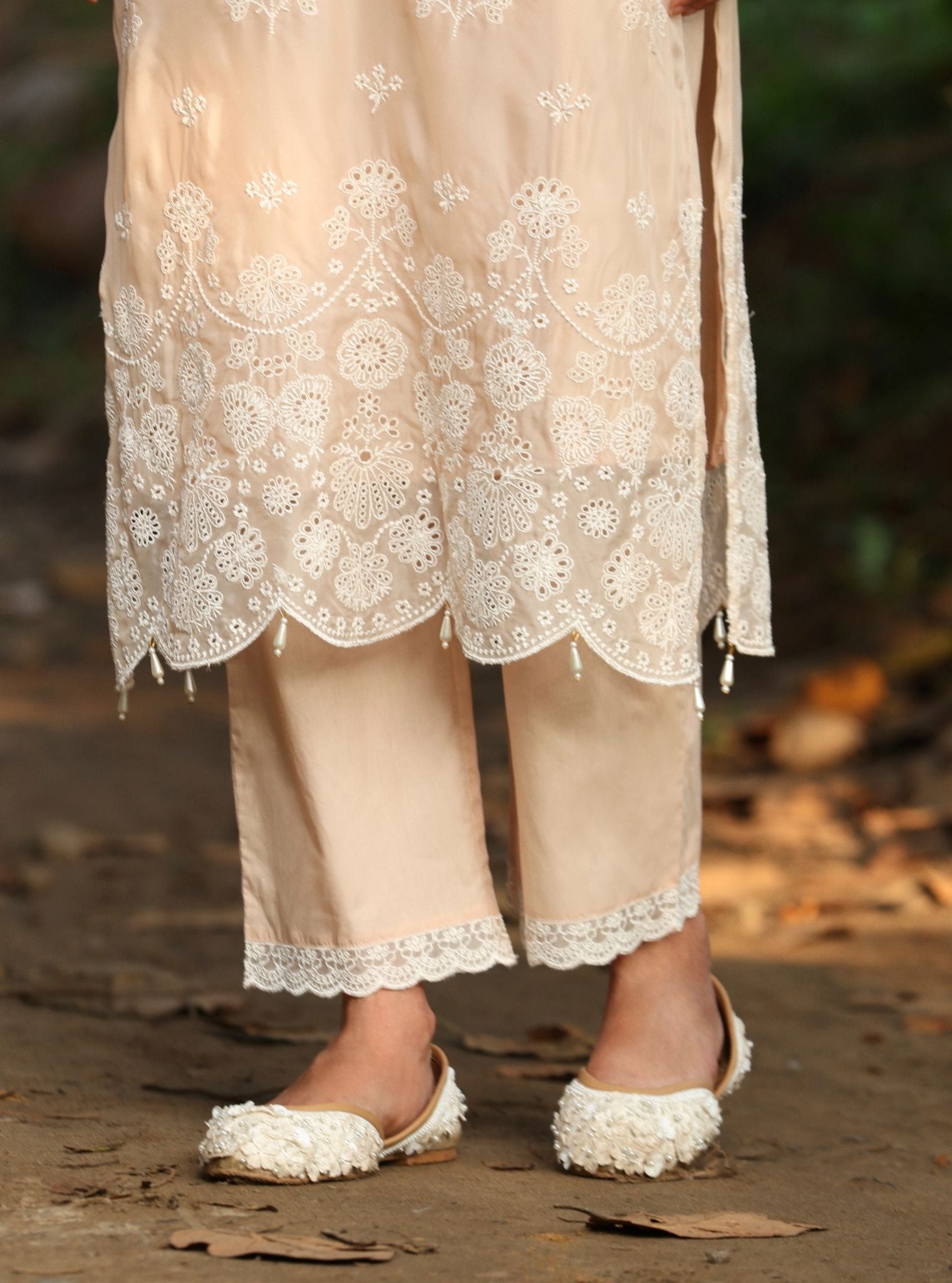 Mulmul Organza Kiyan Beige Kurta With Mulmul Cotton Kiyan Beige Pant