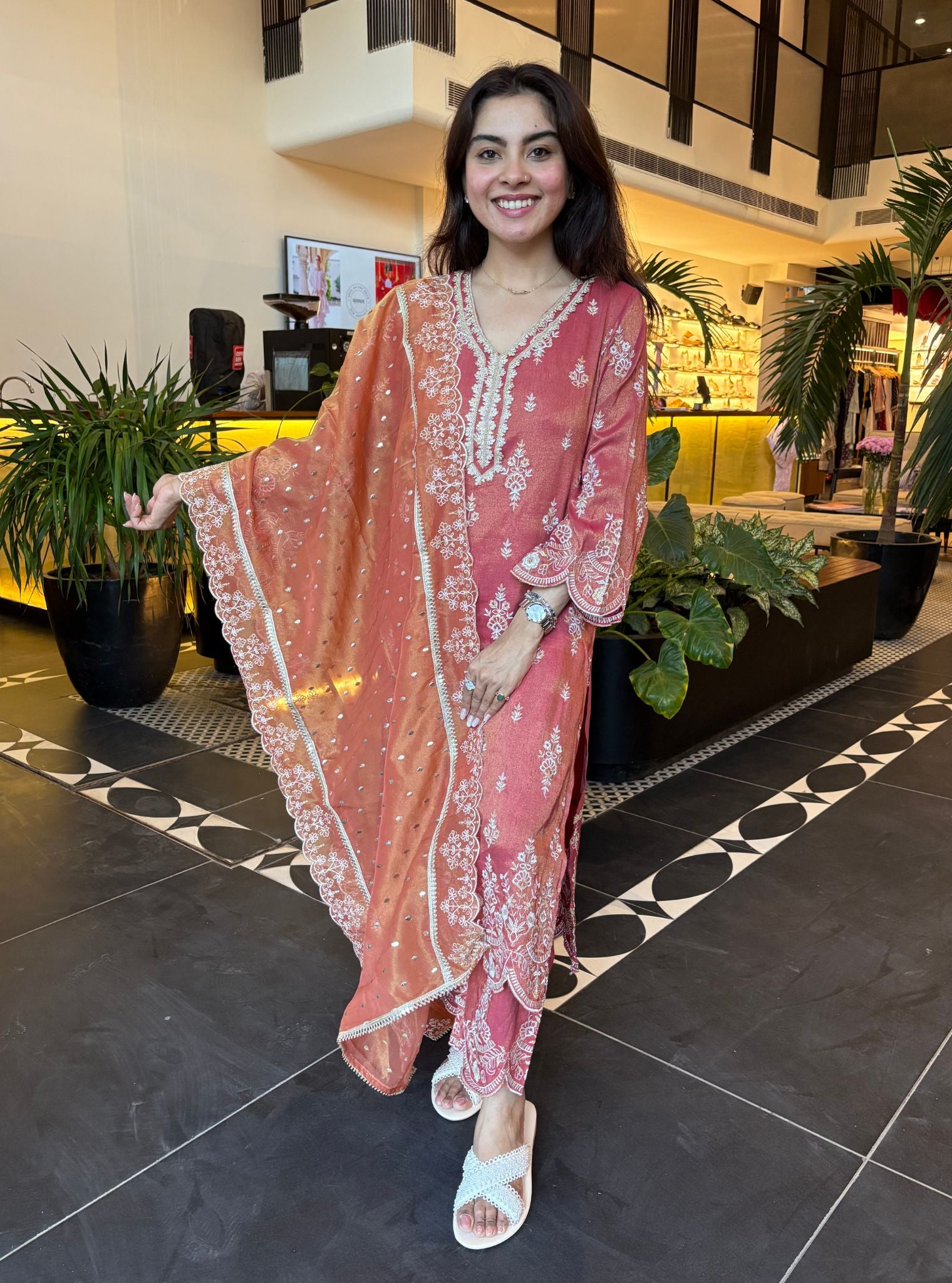 Emon Tissue Linen Satin Red Kurta Set